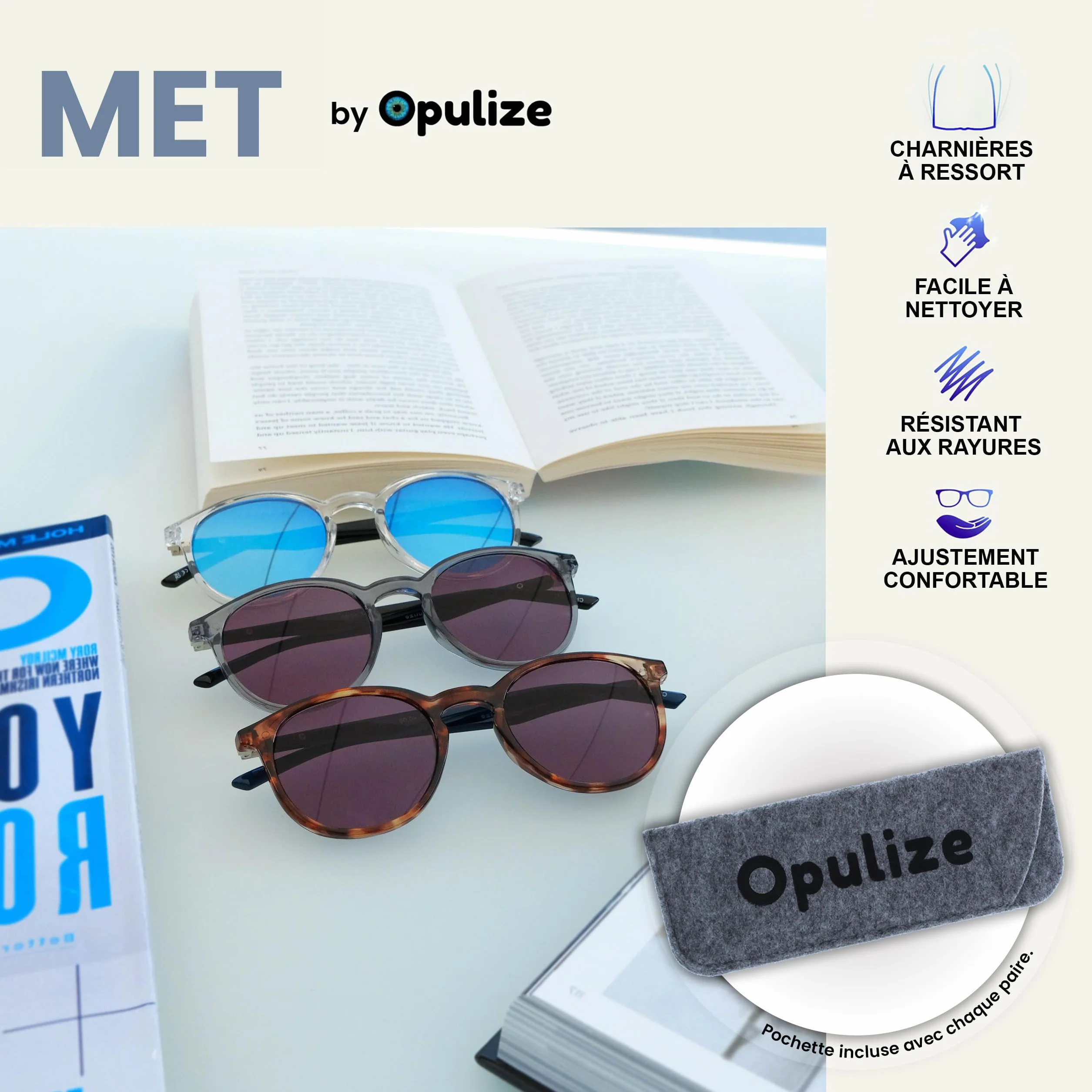 OPULIZE Lunettes de Lecture Solaire Monture Ronde Mince Charnières Ressort Verres Teintés Anti-Rayures +3.00