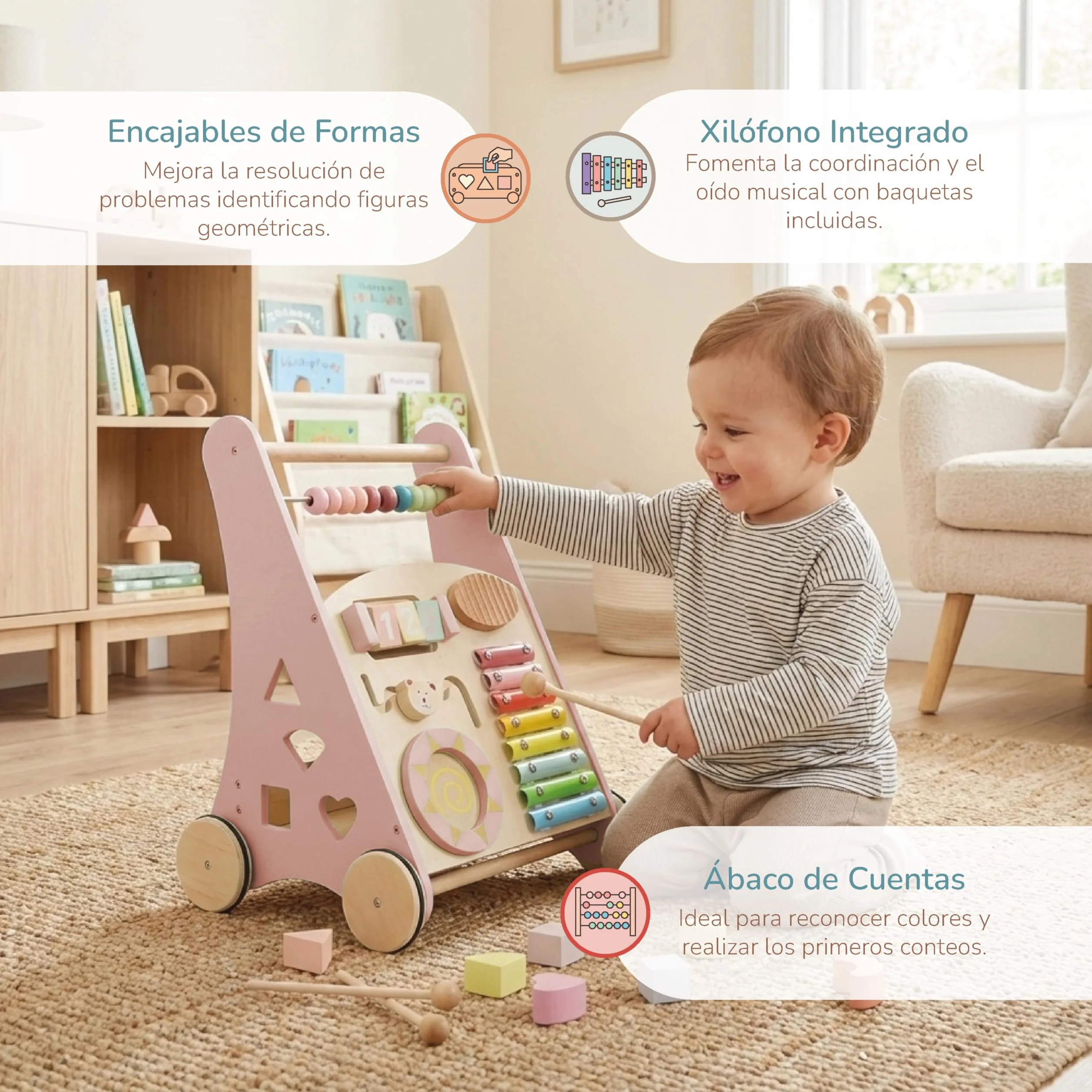 BUDDY BABY Montessori Walker Baby en bois Poussette premiers pas jouets activités Chariot tapis roulant enfants +12 mois Laponie Rose
