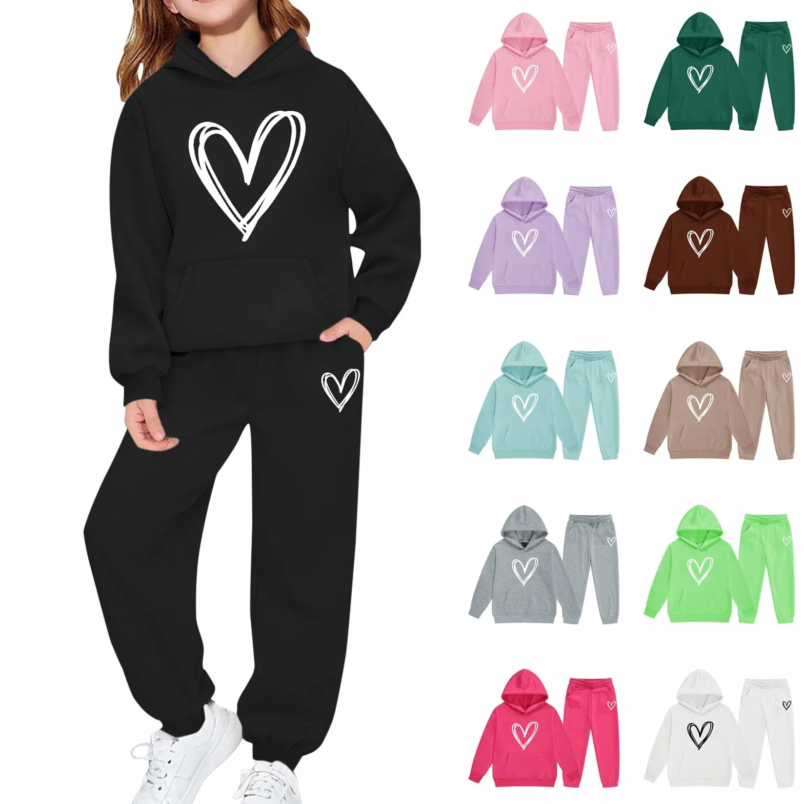 Ensemble survêtement 2 pièces imprimé cœur filles - Pull manches longues jogging adolescentes - Mode Y2K vêtements sport
