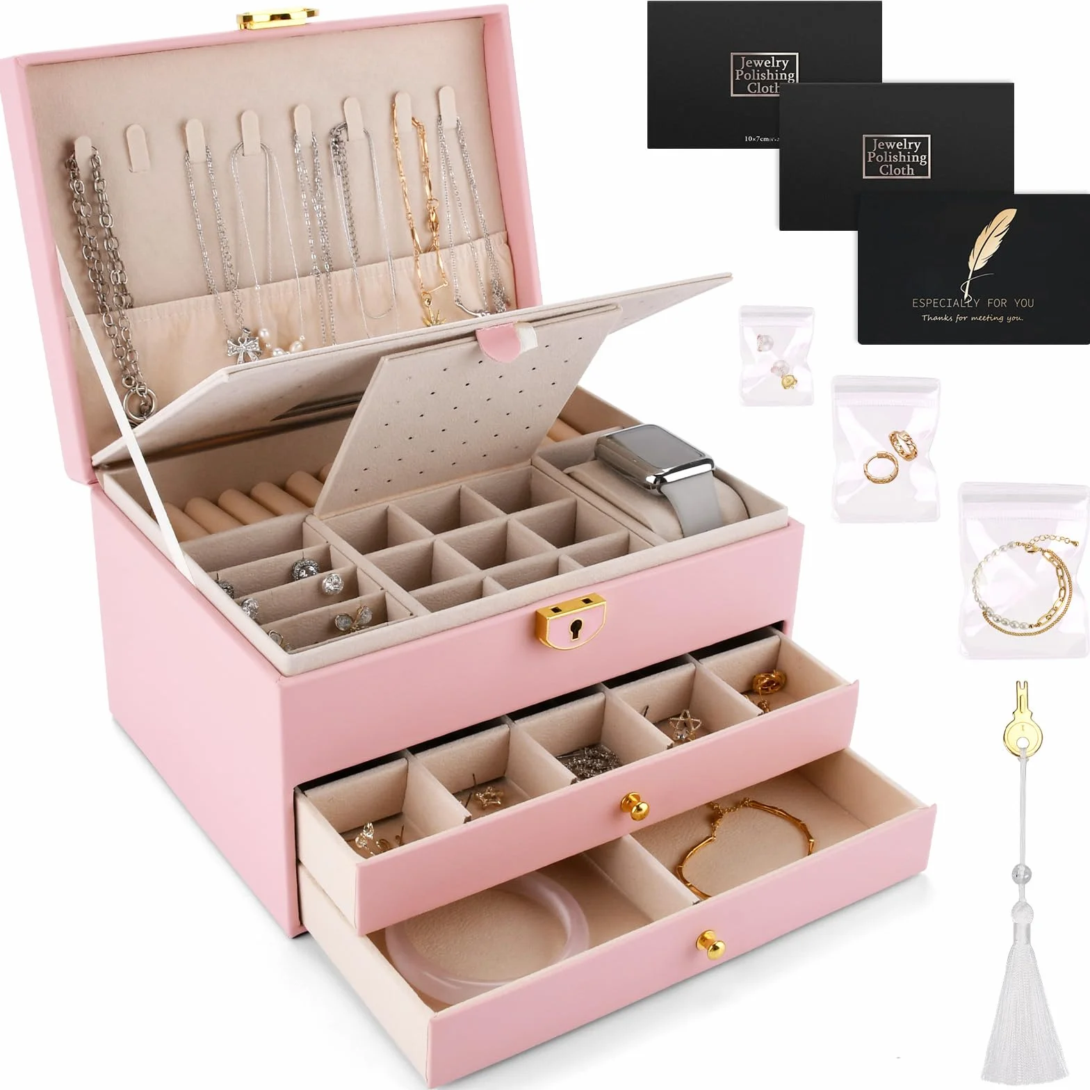Boîte à bijoux 3 niveaux 2 tiroirs avec coussin de montre serrure et clé