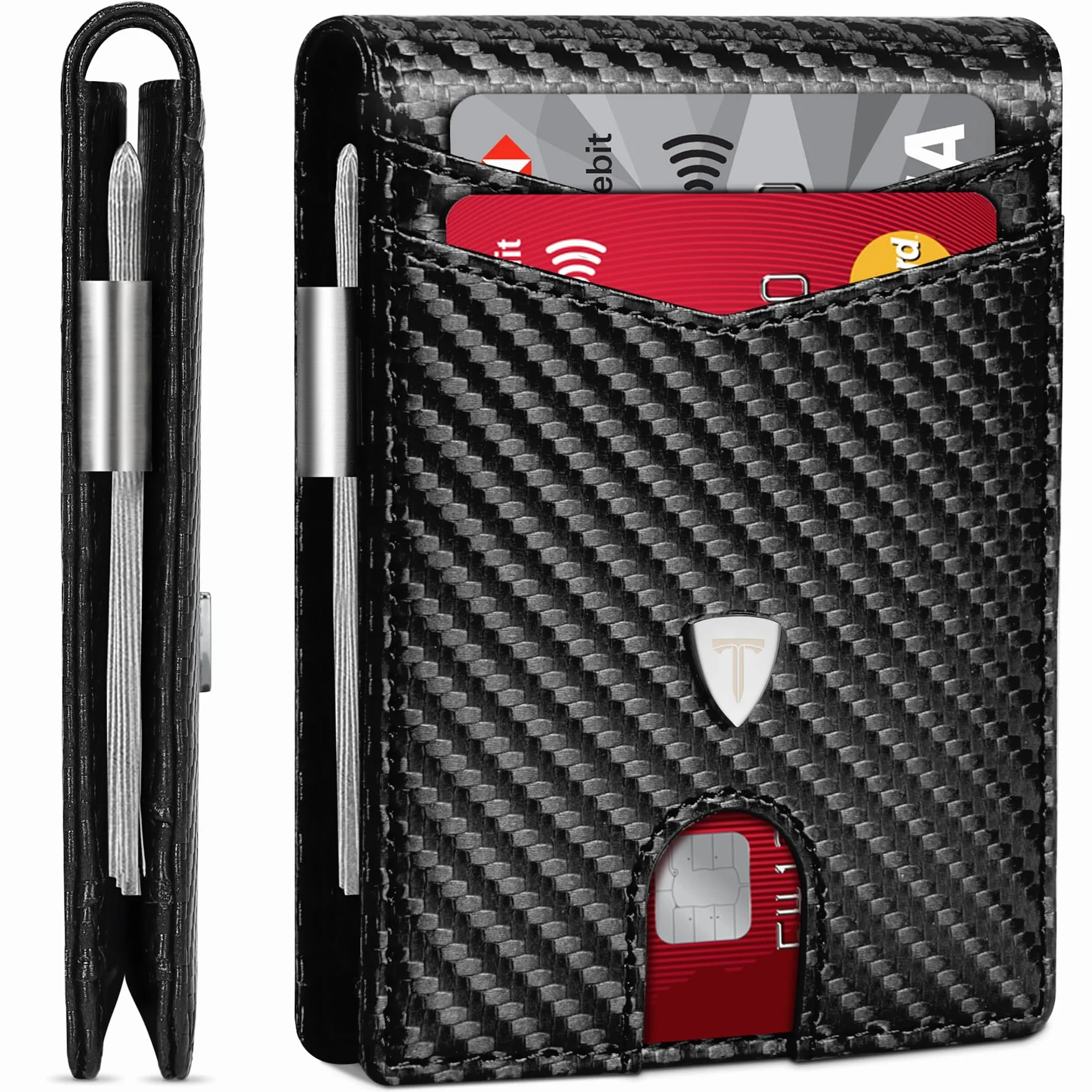 TEEHON Portefeuille Homme Slim Cuir Fibre Carbone Blocage RFID Bi-Fold Noir