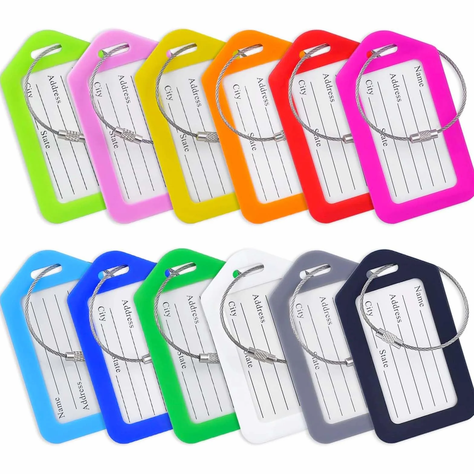 Étiquettes de Bagage en Plastique avec Cordon Inox et Carte PVC étanche, Lot de 12