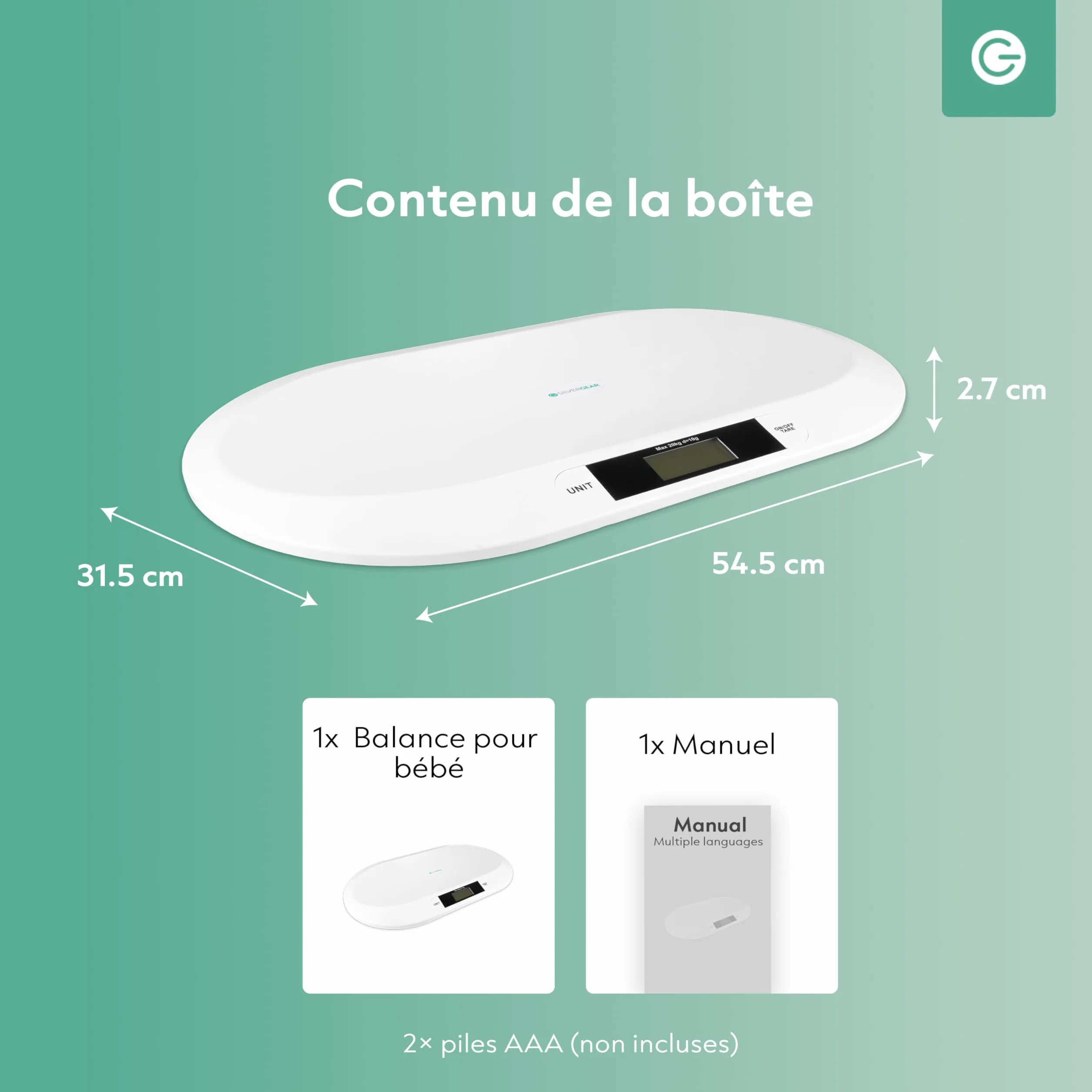 Silvergear Pèse-bébé intelligent Bluetooth Balance numérique bébé 20 kg Application Smart Life