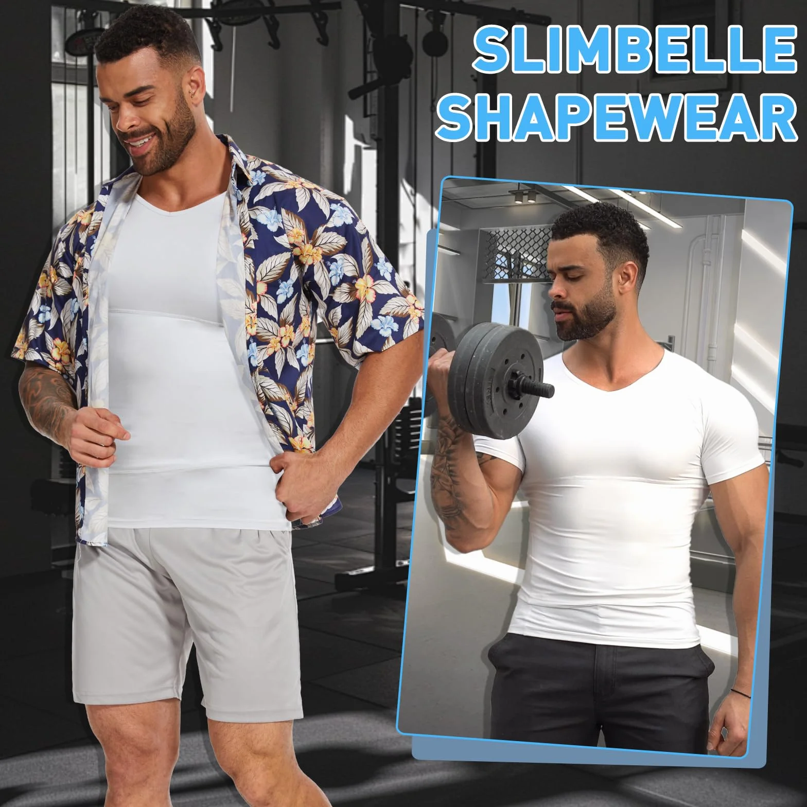 SLIMBELLE Chemise de compression homme Col en V Élastique Taille amincissante Contrôle du ventre
