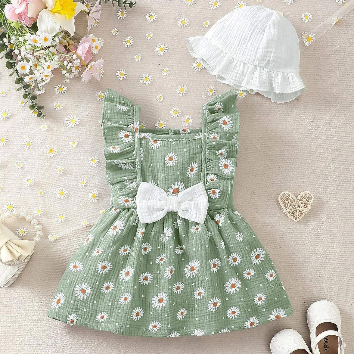 Robe en Coton et Lin pour Petites Filles Imprimée Cœurs Fleurs Manches à Volants Tenue Printemps Été