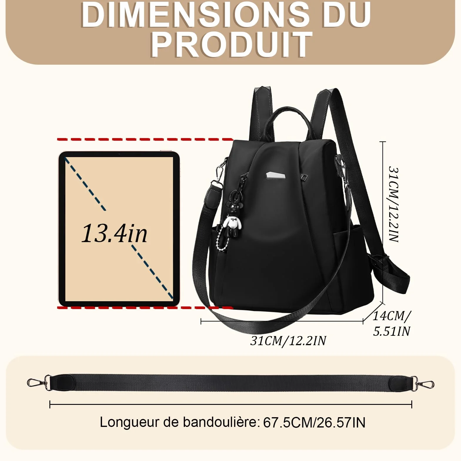 Eshow Sac à Dos Femme Antivol, Petit Sac Bandoulière Léger Voyage Noir