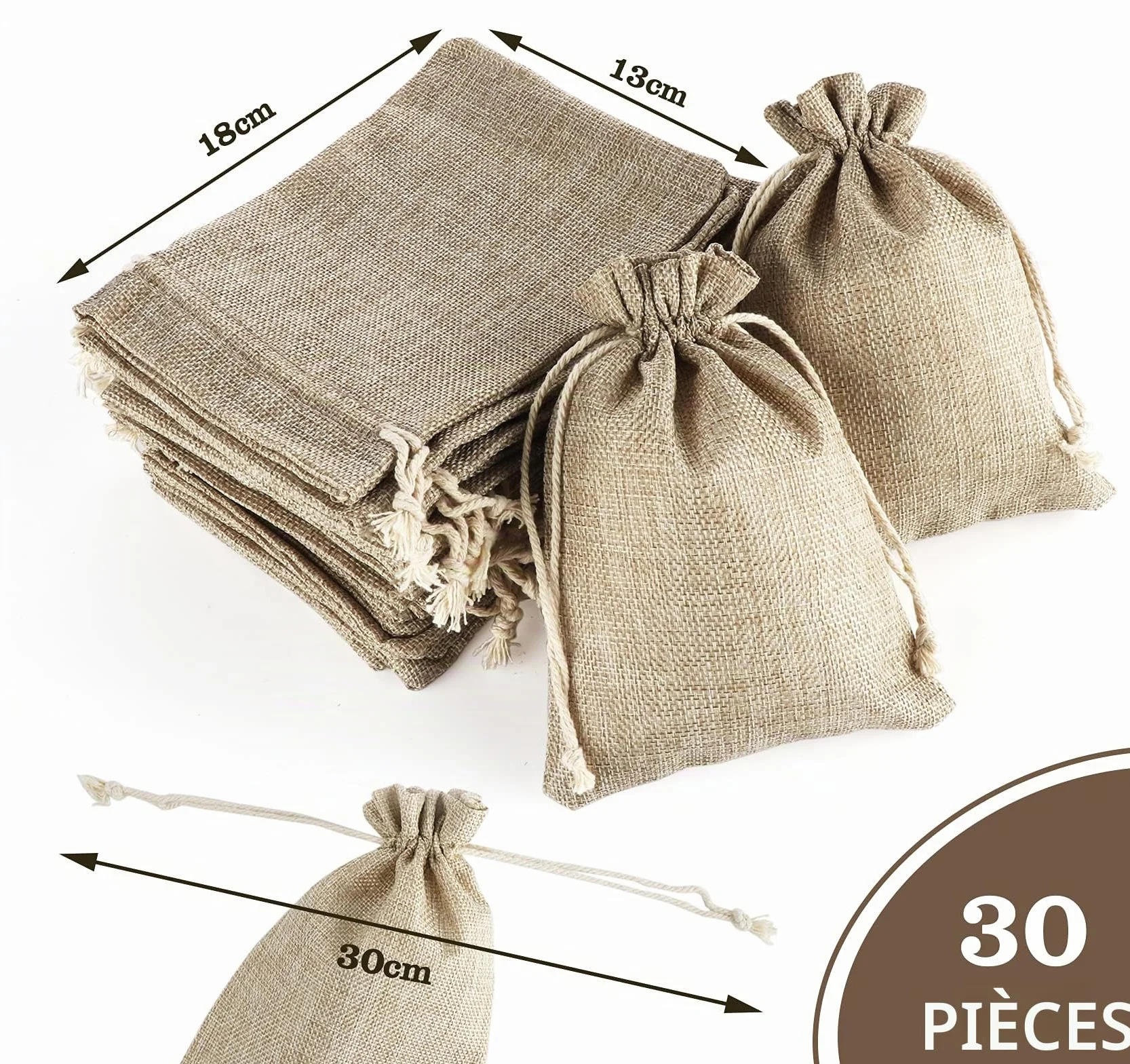 Sacs en Toile de Jute avec Cordon de Serrage, Pochettes en Lin Chanvre 13x18cm, 30pcs pour Mariage Bijoux Noël