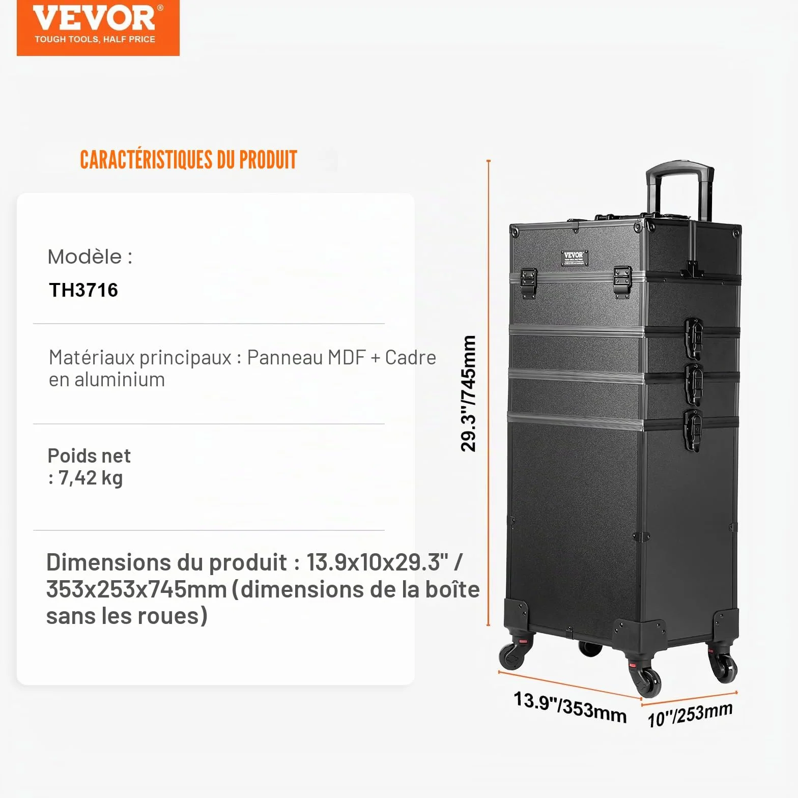 VEVOR Mallette de Maquillage à Roulettes 5en1 Valise de Rangement Aluminium Trousse Maquillage Professionnelle Voyage Roues Pivotantes 360° Noir