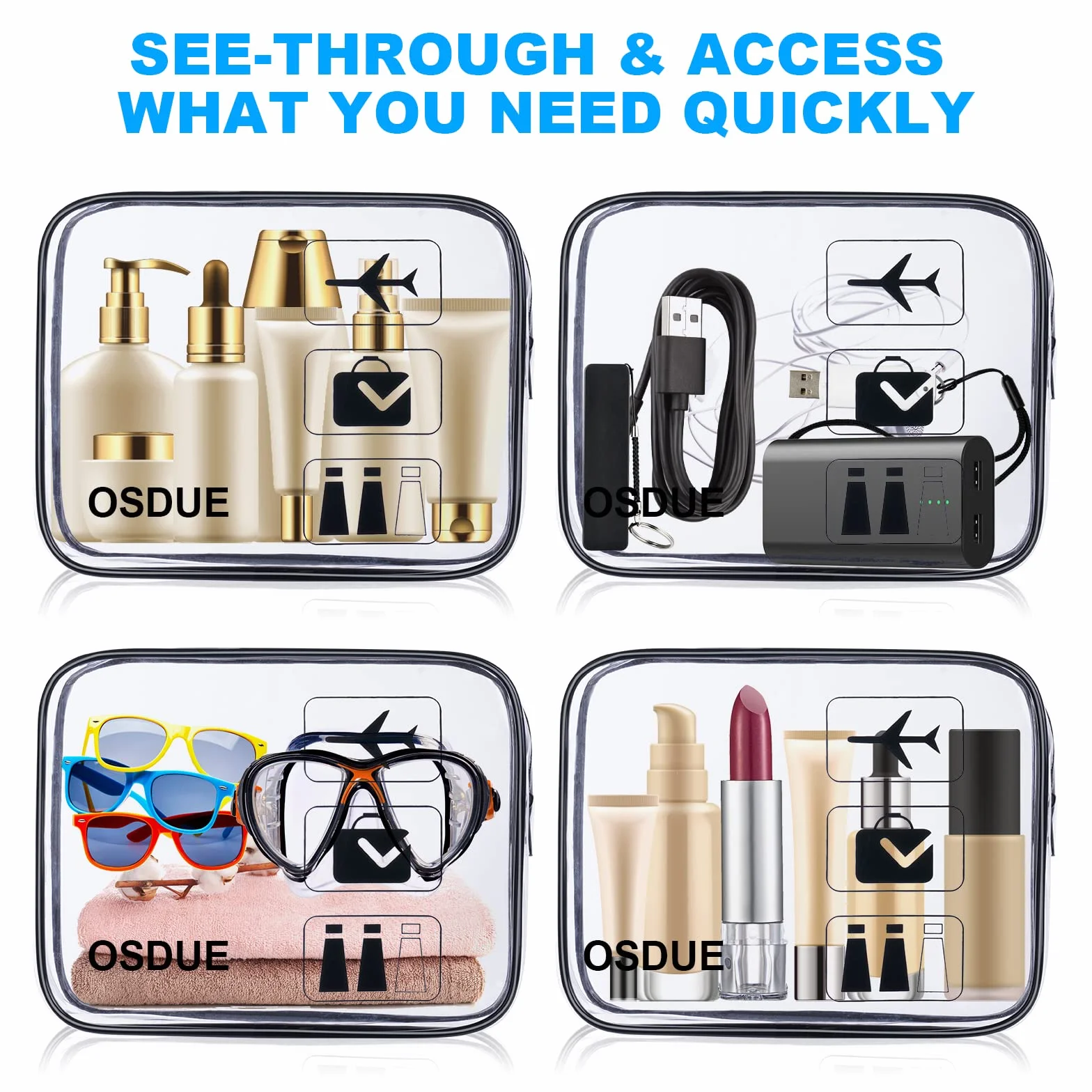 Trousse de Toilette Transparente PVC Étanche 2 Pièces Kit Voyage Avion Noir