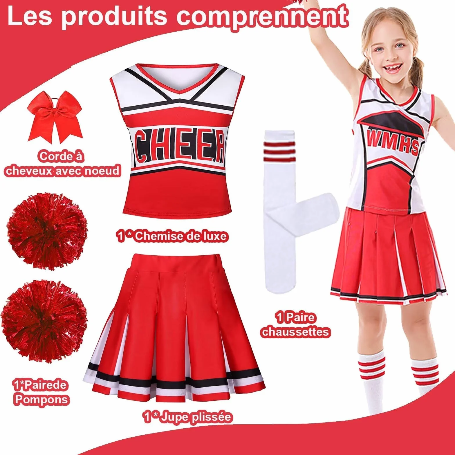 Déguisement Cheerleader Pompom Girl Fille 6-12 Ans avec Pompons Halloween Carnaval