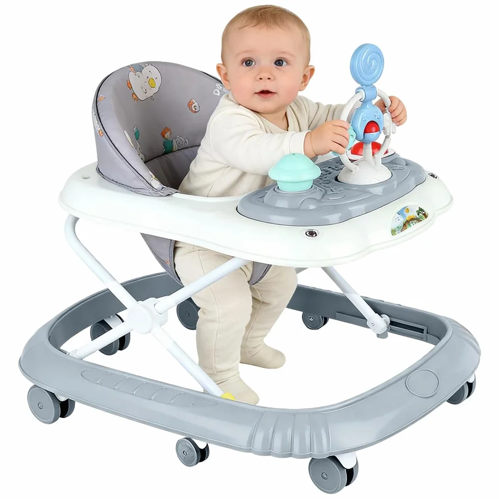 Trotteur Bébé Pliable avec Plateau Musical Réglable en Hauteur, 4 Niveaux, Coussin Amovible et Lavable, 58x55x65 cm Gris