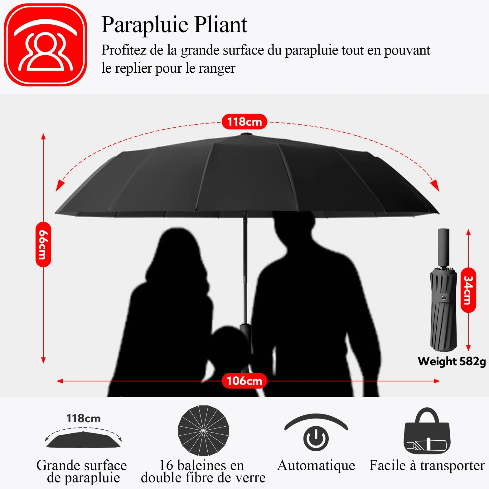 LENDOO Parapluie Pliant Automatique 16 Baleines Anti-Tempête Résistant au Vent Compact Anti-UV