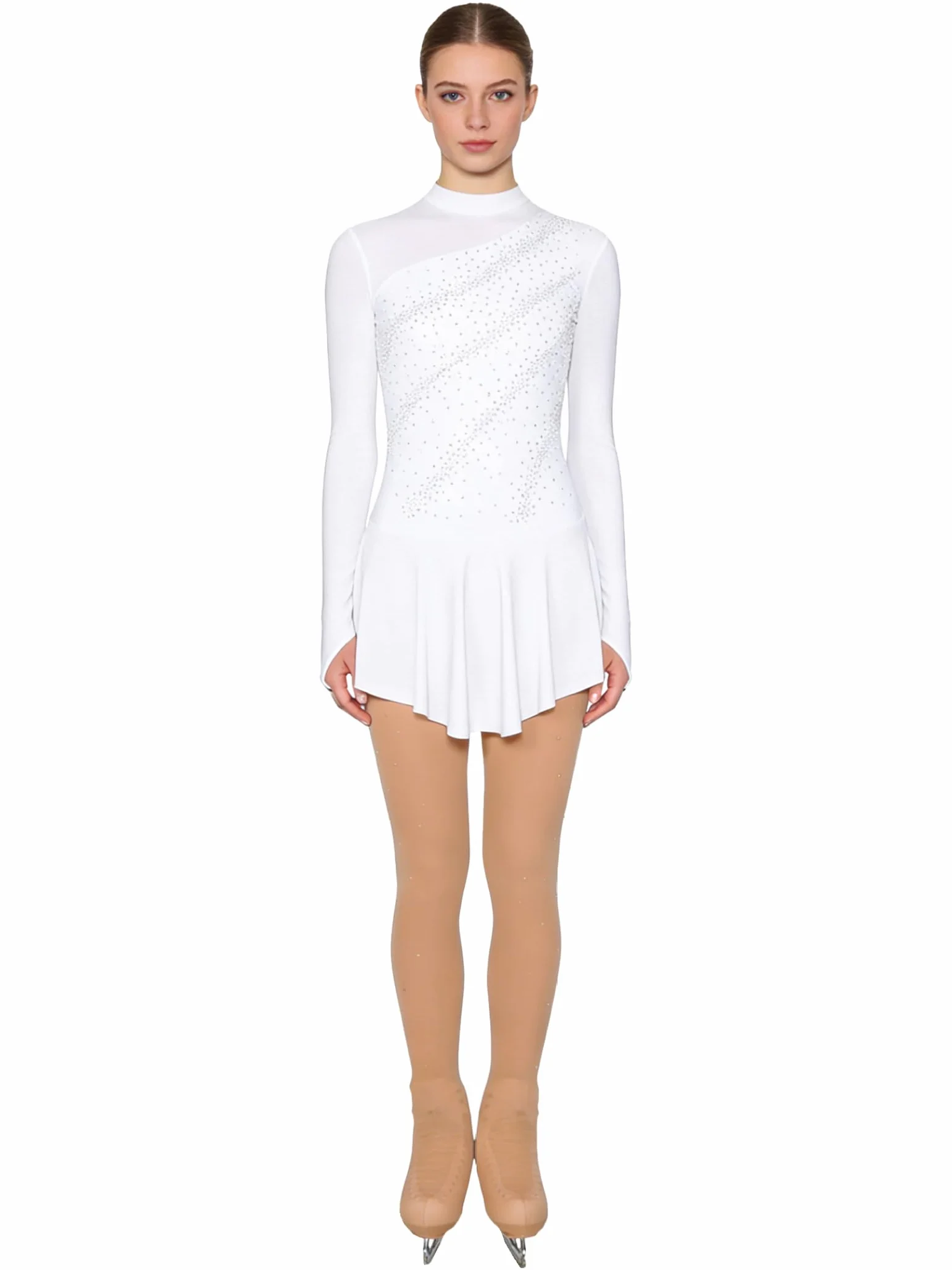 Justaucorps Patinage Artistique Femme Manches Longues Strass avec Collant Patin à Glace Roller