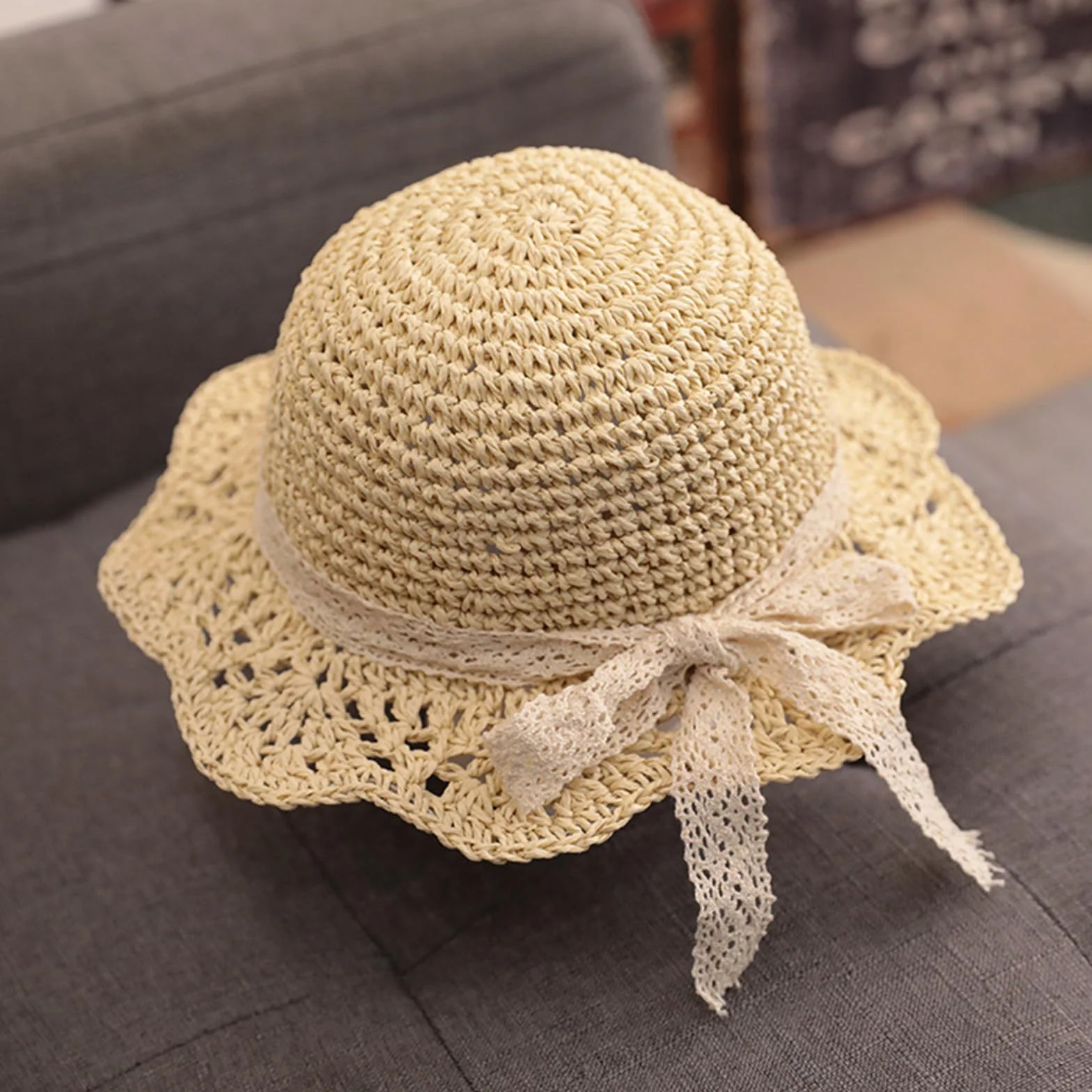Chapeau Paille Fille Soleil Protection Solaire Pliable Noeud 2-6 Ans