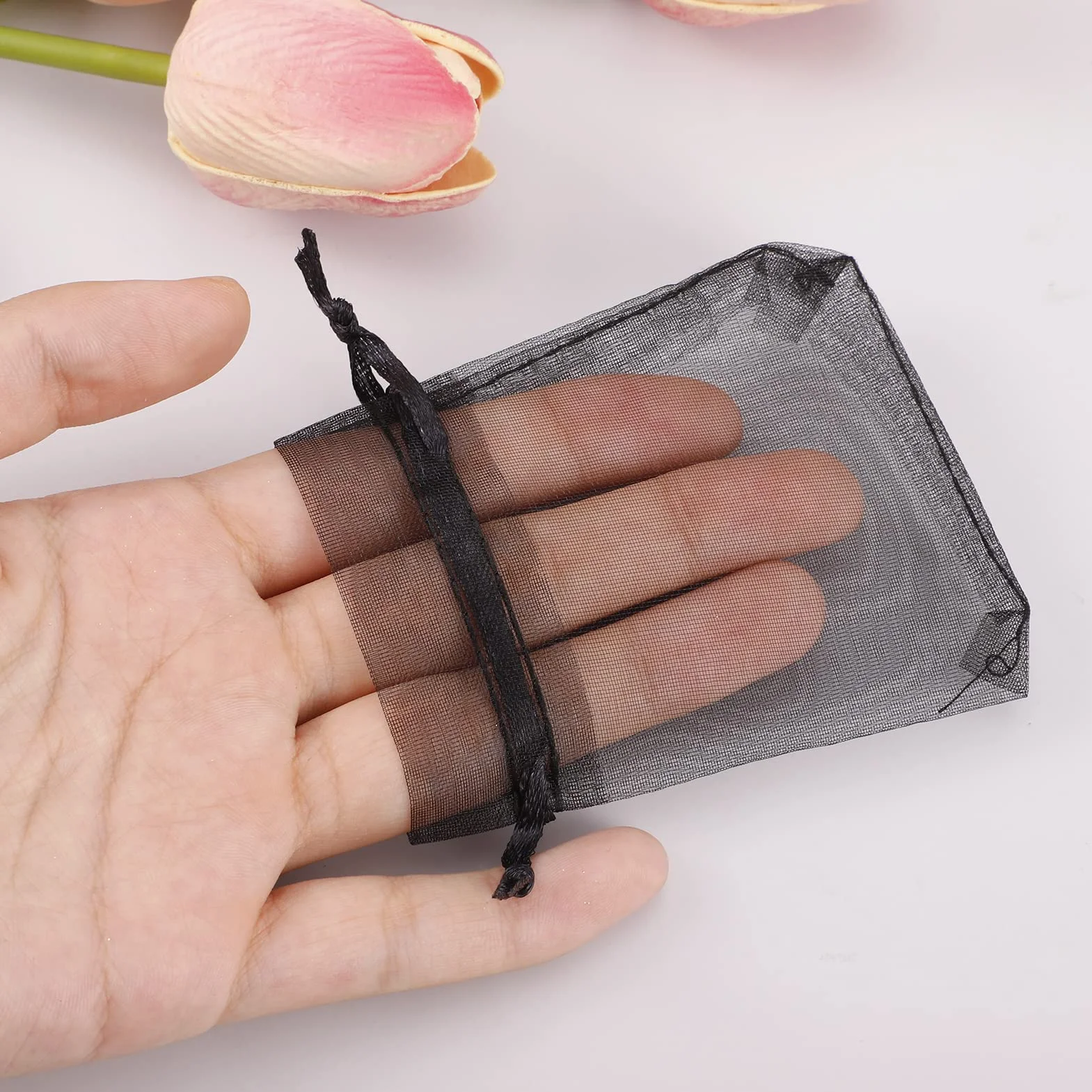 Sacs Organza Noir 7x9 cm Pochettes Cadeau avec Rubans pour Mariage Anniversaire