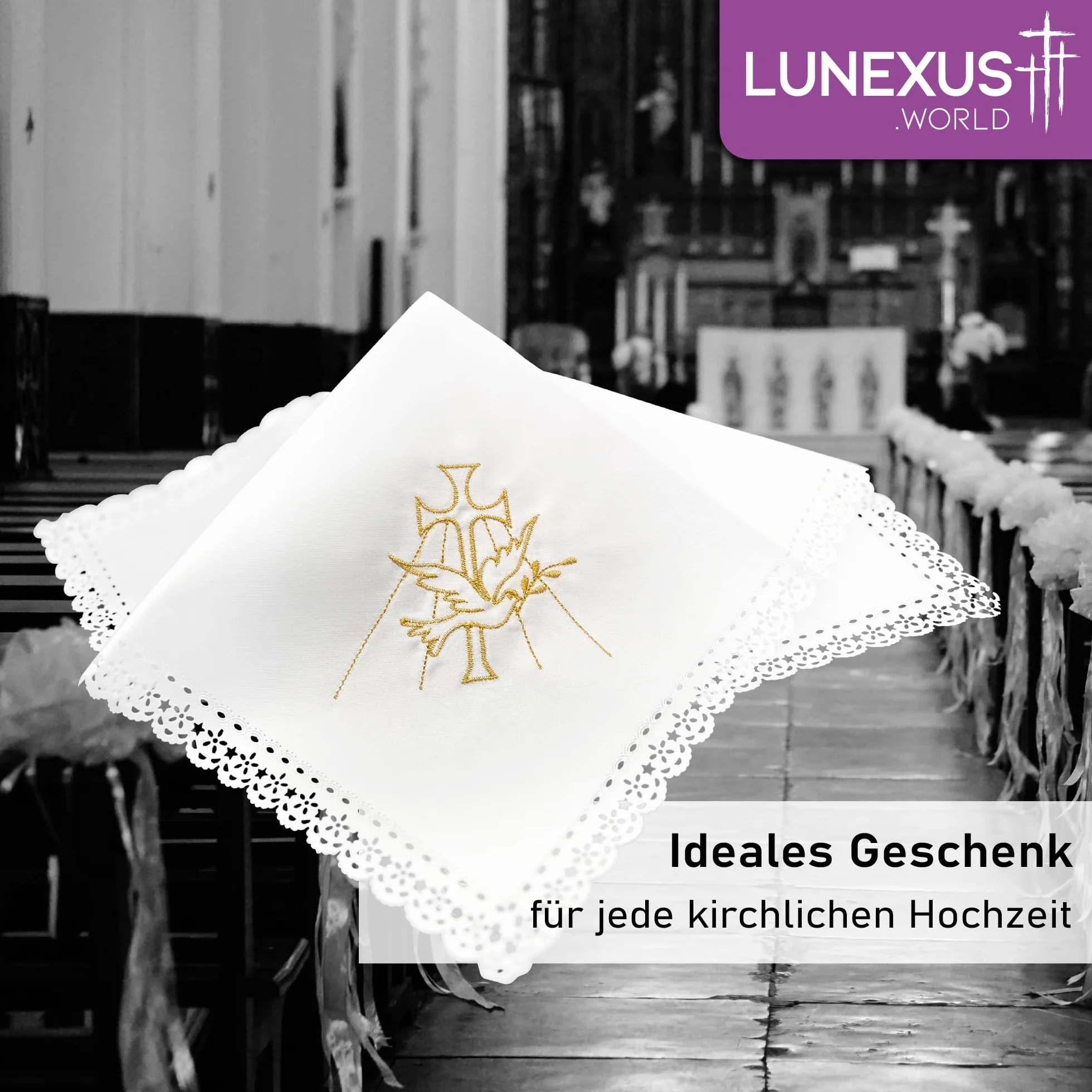 Tissu décoratif baptême blanc 35 x 35 cm croix dorée colombe dentelle