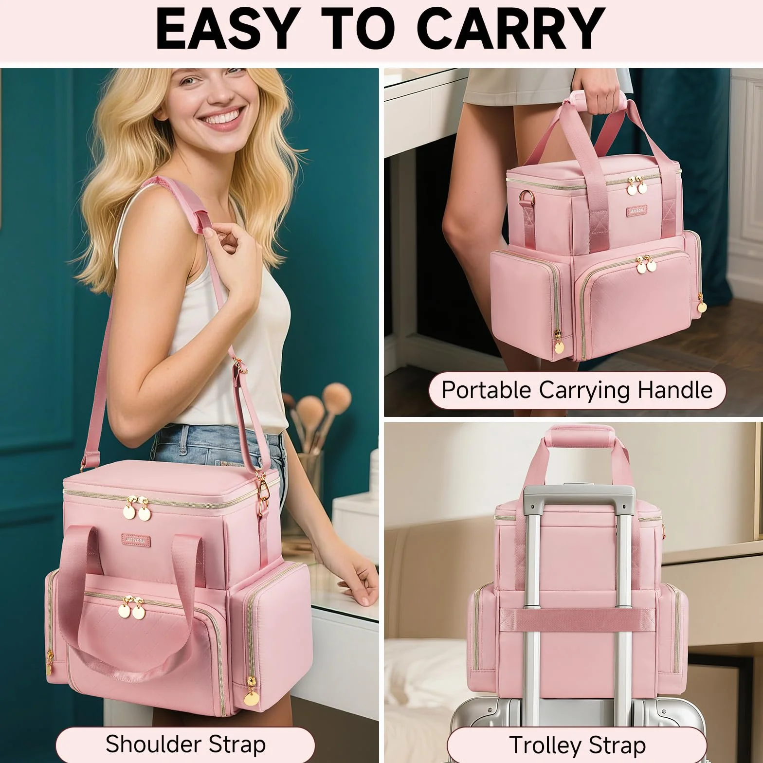 Trousse de Maquillage Extra Large avec 3 Étuis Amovibles, Malette de Voyage Double Couche, Rose