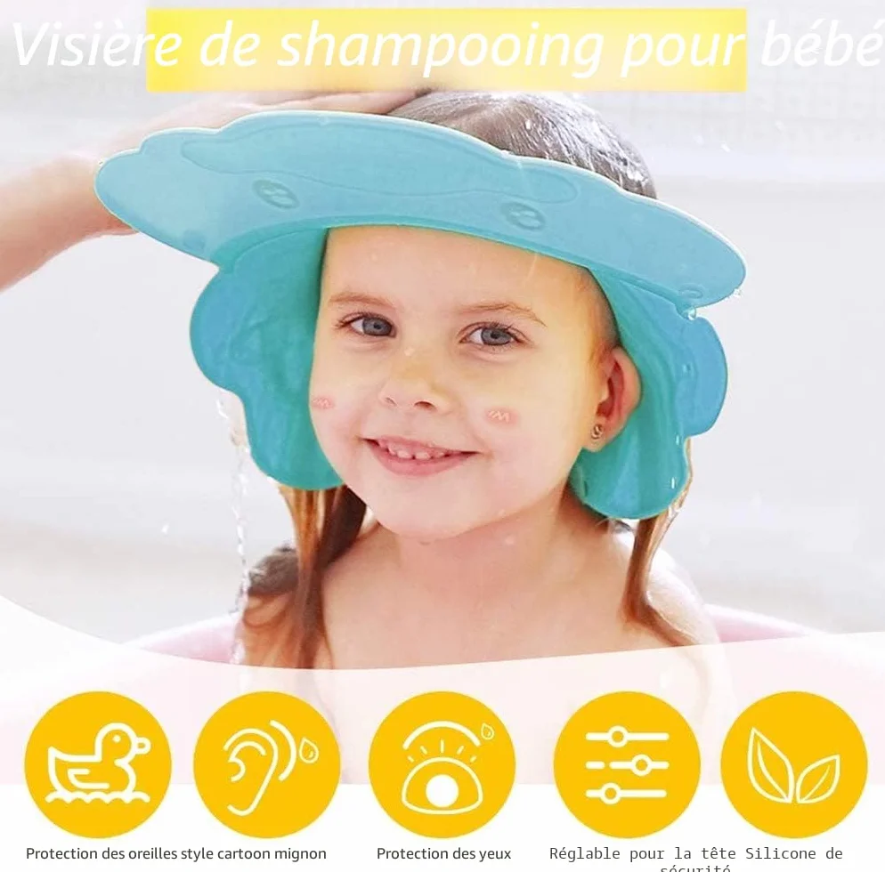 Bleu Bonnet de Douche Bébé Réglable Visière Bonnets de Bain Shampoing Chapeau Protège Yeux Oreilles Enfants