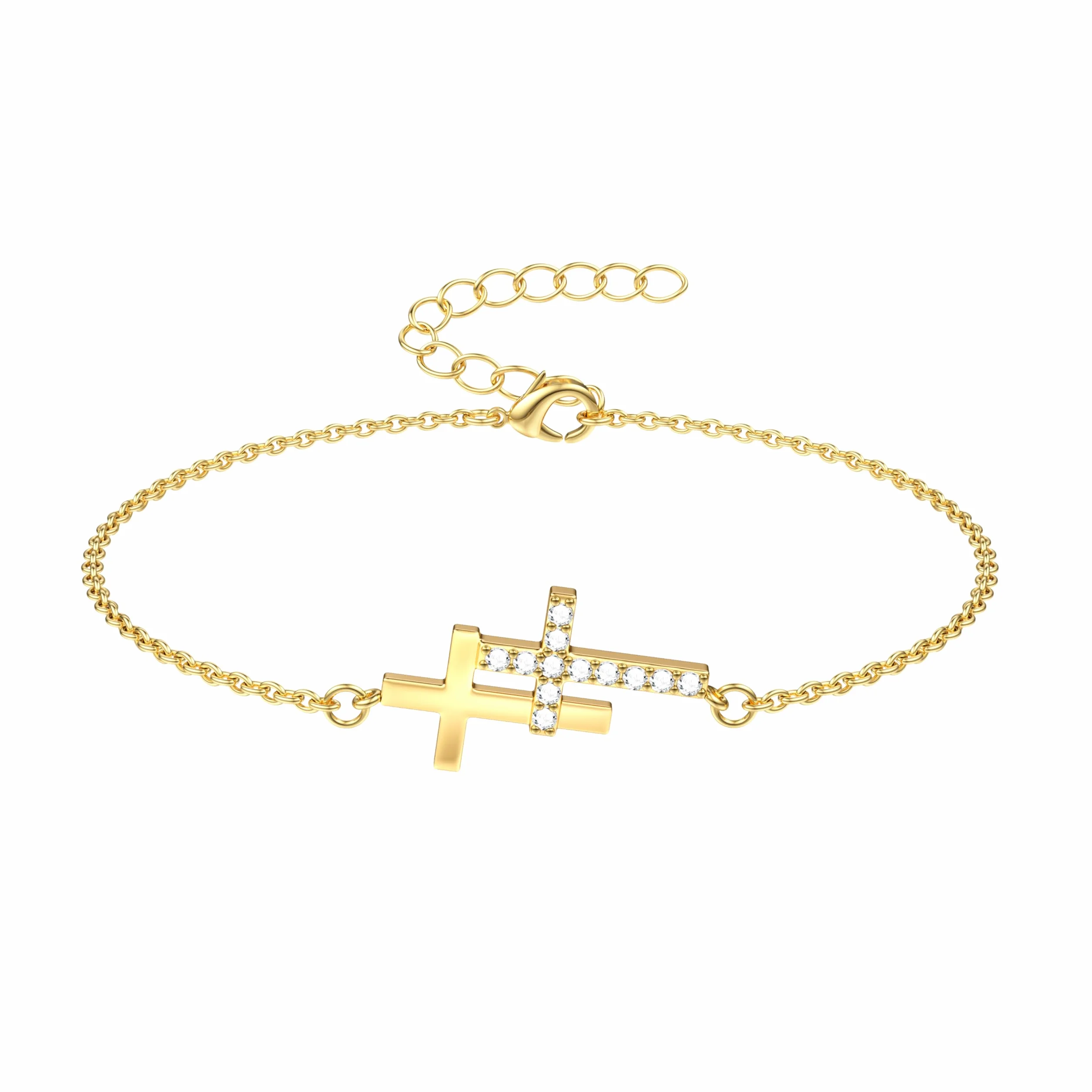 Bracelet Femme Or Plaqué 14K Réglable Chaîne Doré Croix