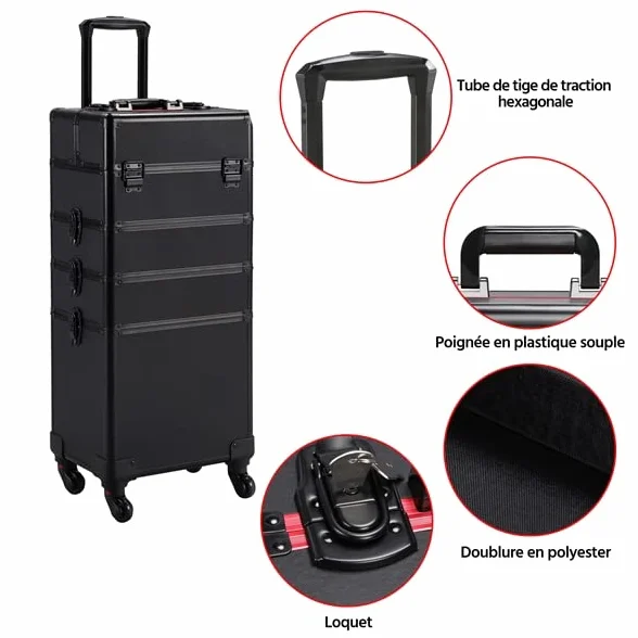 Valise Maquillage Professionnelle 4 en 1 à roulettes, Pivotante 360°, Noir