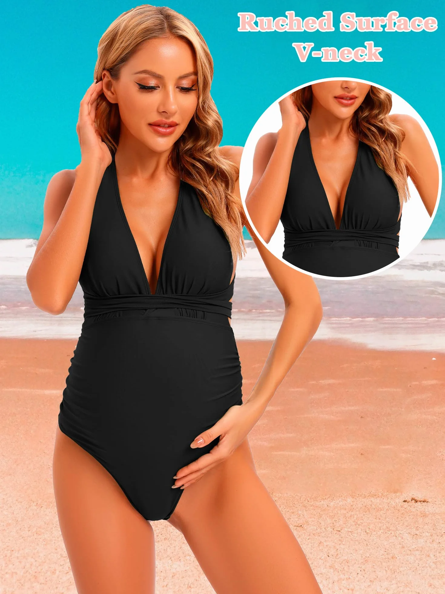 Femme Maillot de Bain Grossesse 1 Pièce Maternité Col en V Profond Ajustable Croisé Dos