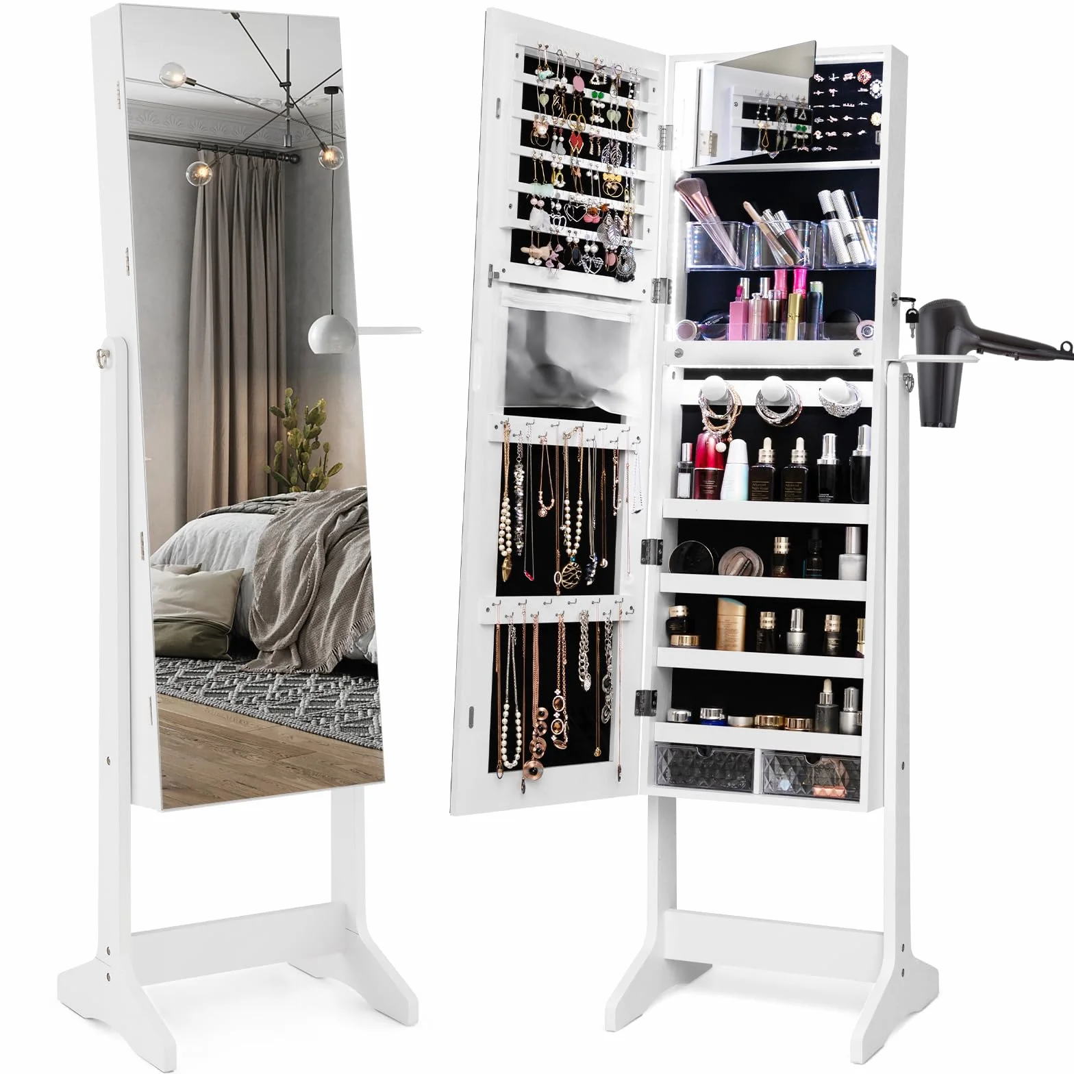 COSTWAY Armoire à Bijoux sur Pied avec Miroir Pleine Longueur, LED 3 Couleurs, Verrouillable, Blanc