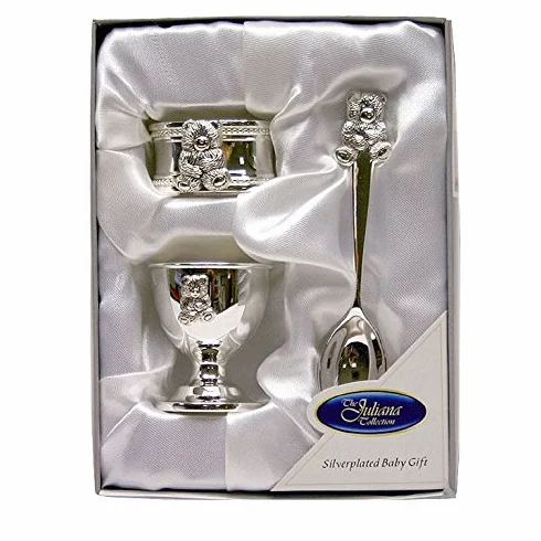 Jukiana 6306T Coquetier Rond de Serviette Cuillière Plaqué Argent Cadeau Naissance Baptême