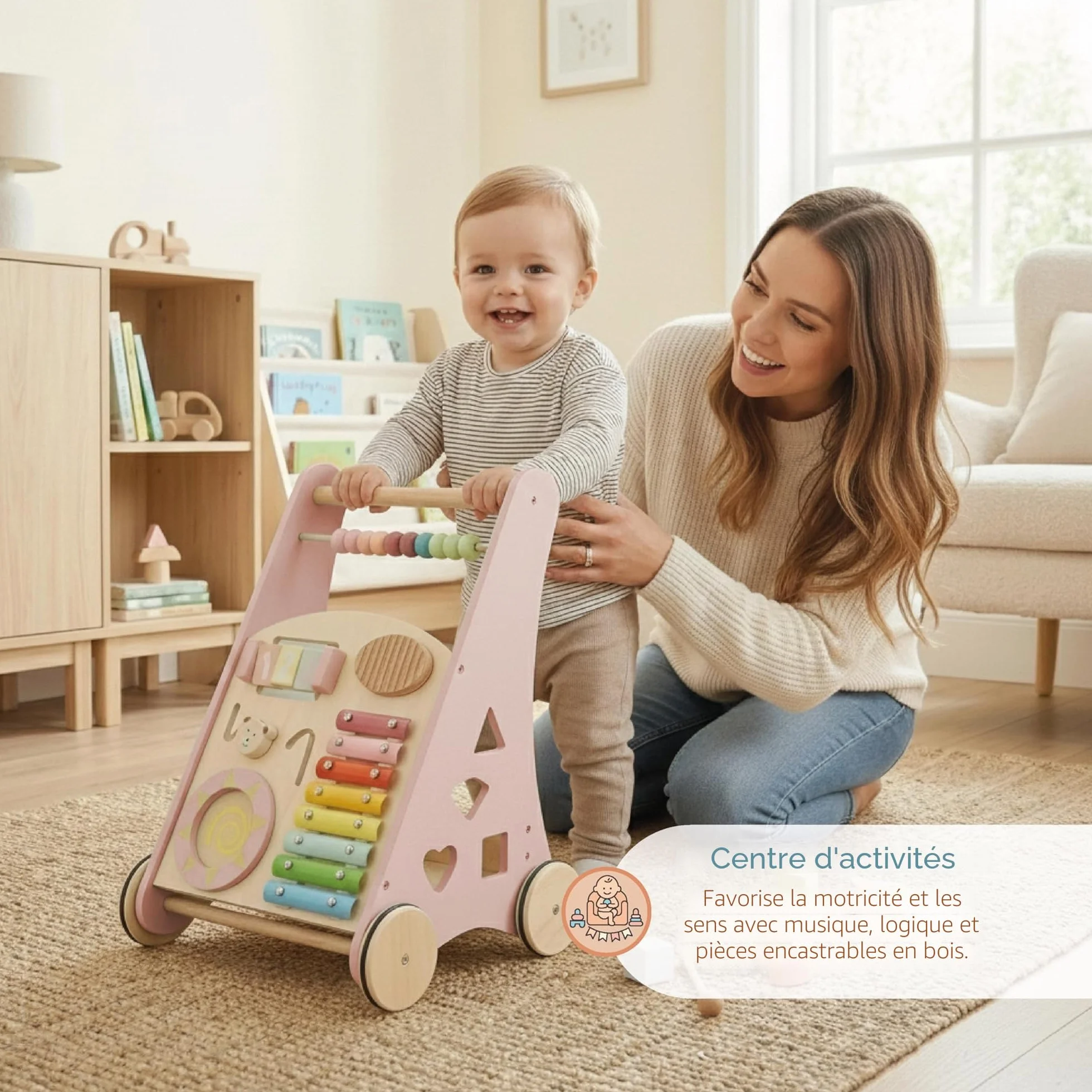 BUDDY BABY Montessori Walker Baby en bois Poussette premiers pas jouets activités Chariot tapis roulant enfants +12 mois Laponie Rose