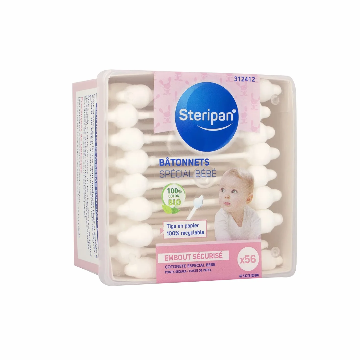 Bâtonnets Spécial Bébé 100% Coton Bio Tige en Papier Recyclable x56