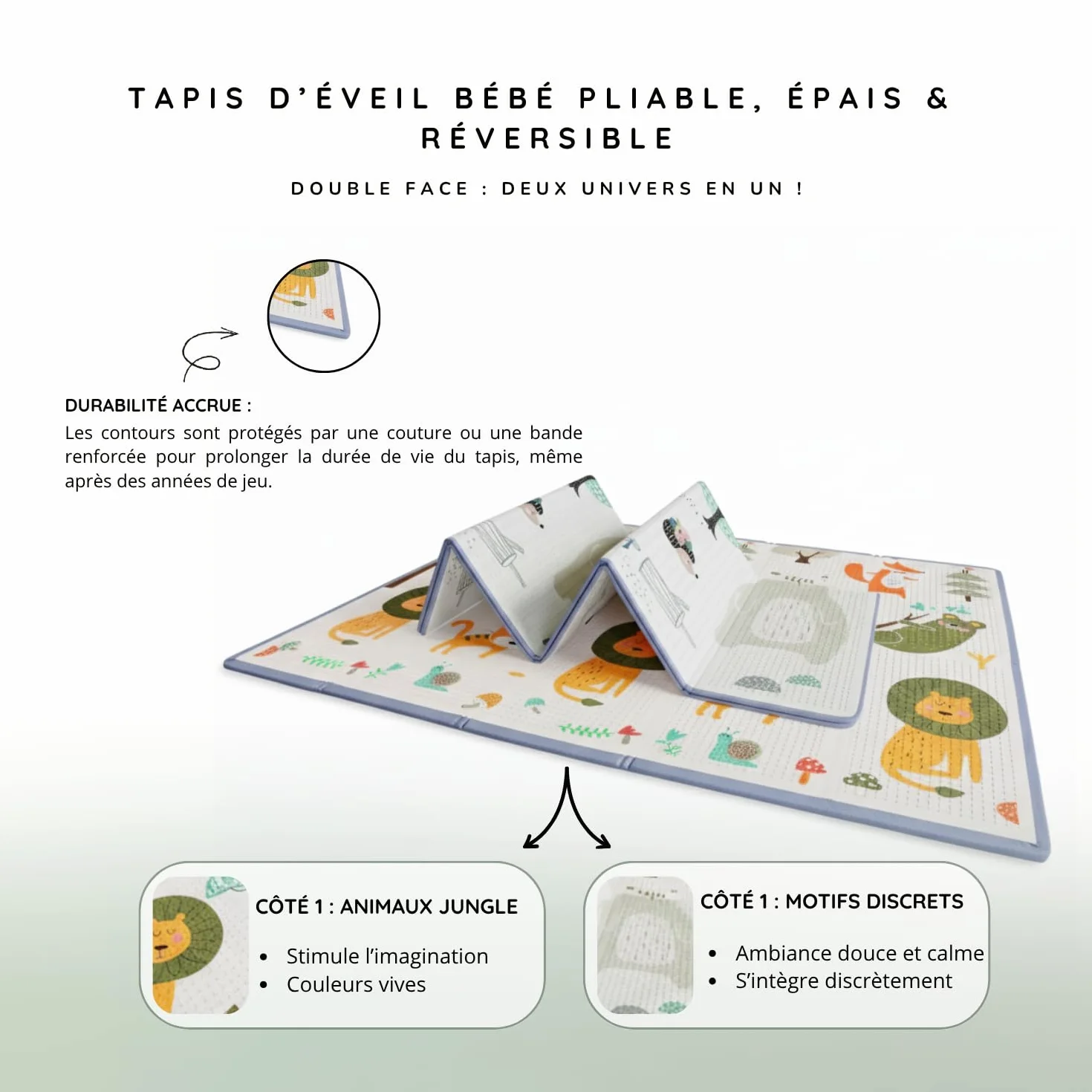 Tapis d'Éveil Bébé Pliable 200x150x1cm – Tapis de Jeu Épais Réversible Antidérapant Imperméable CE Sans BPA