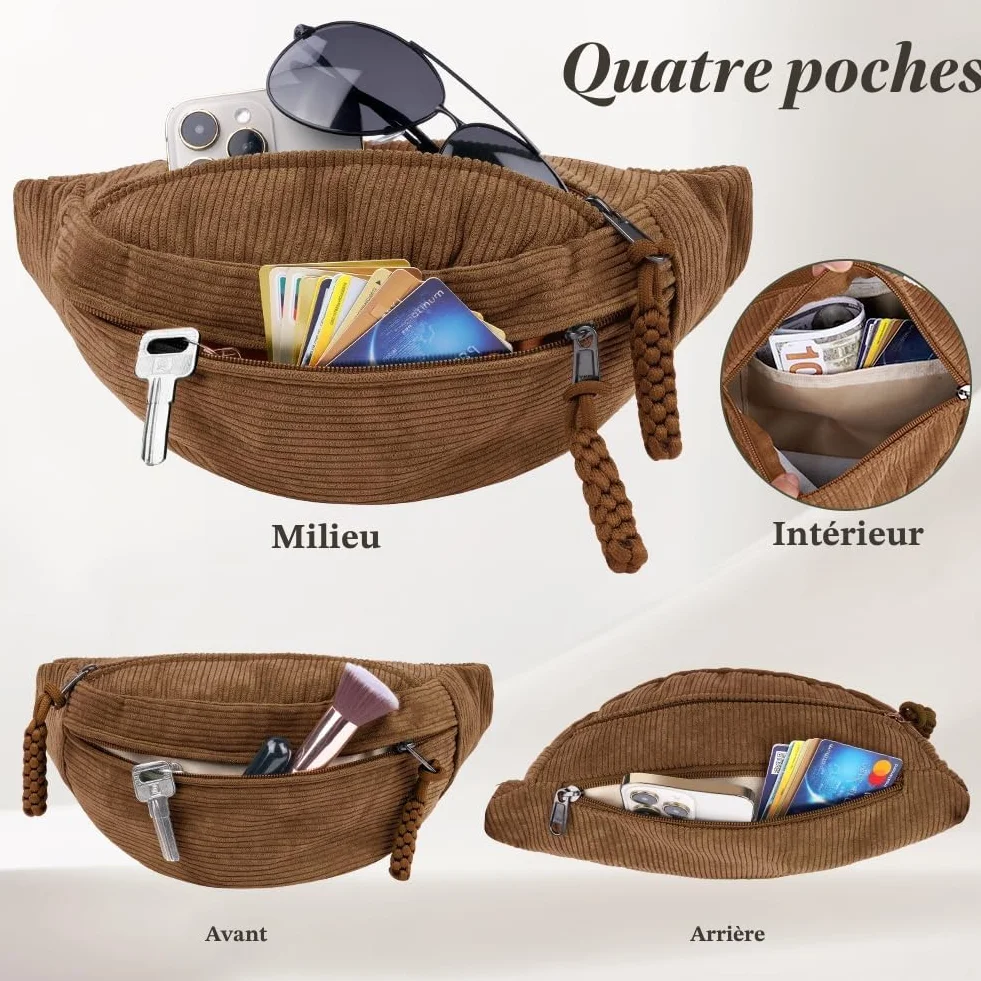 Sac Banane Velours Côtelé pour Femme avec Sangle Réglable, Sac de Voyage Polyvalent