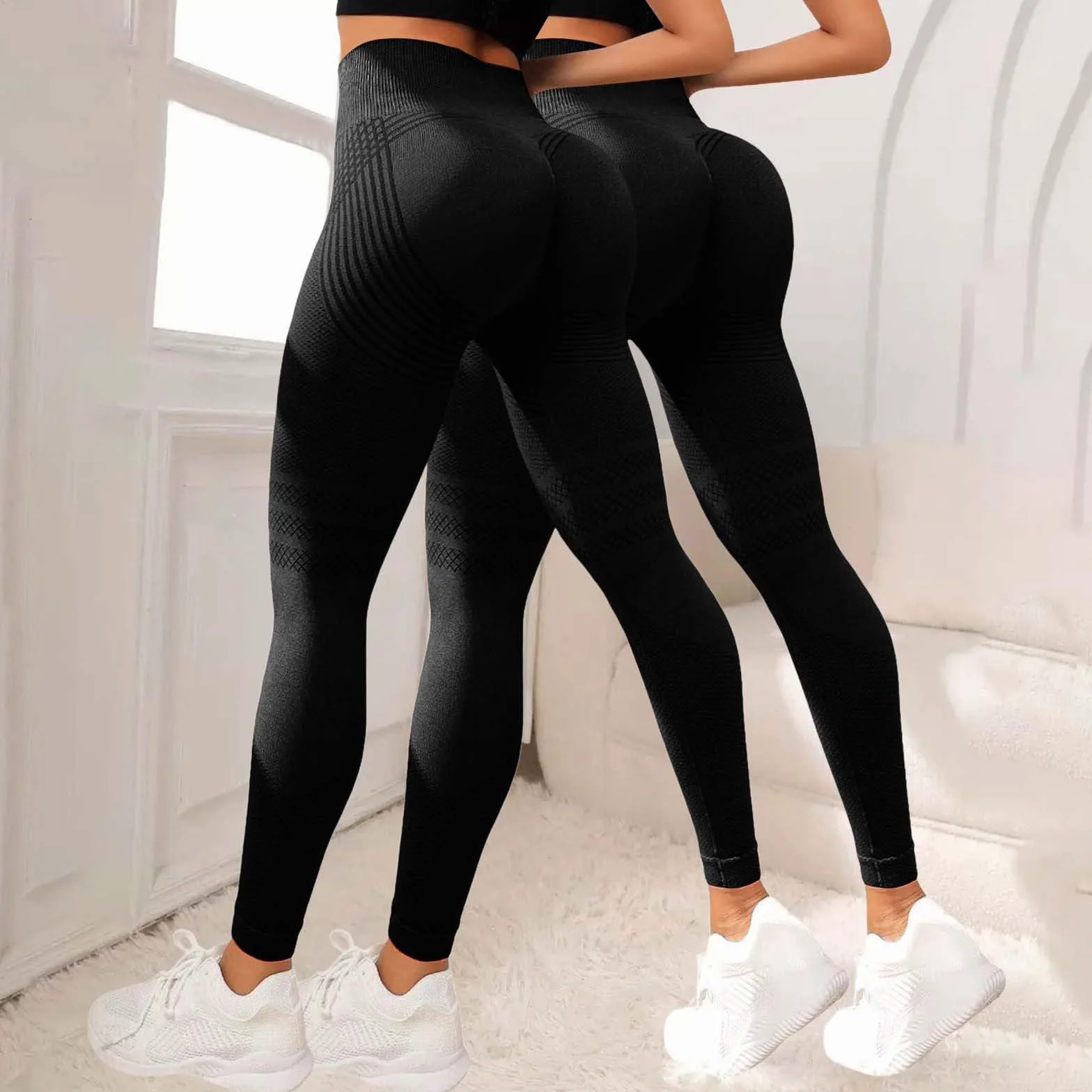 Leggings 3D Anti-Cellulite Compression Taille Haute Sans Couture Push Up Pantalon de Sport Course à Pied Yoga Fitness 2 Pack