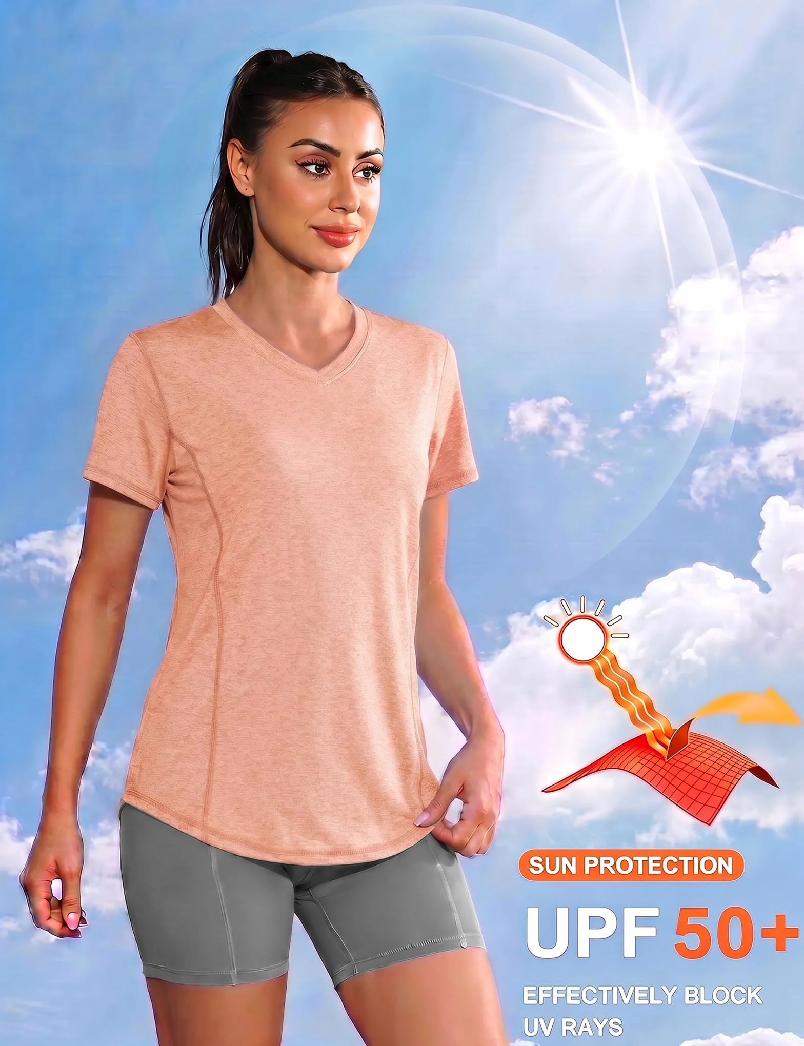 T-Shirt Sport Femme Col en V Manches Courtes Respirant Léger Séchage Rapide Yoga Running Fitness