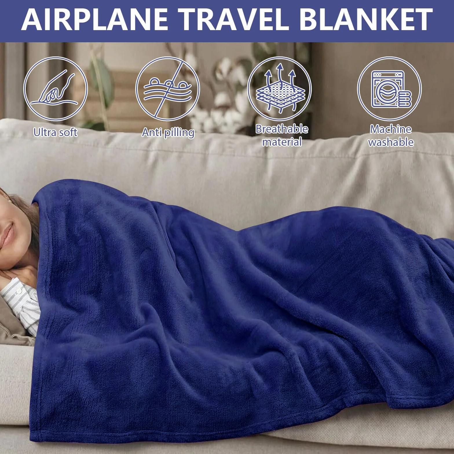 Couverture de voyage ultra légère 200 x 150 cm Bleu marine avec masque de sommeil et bouchons d'oreilles