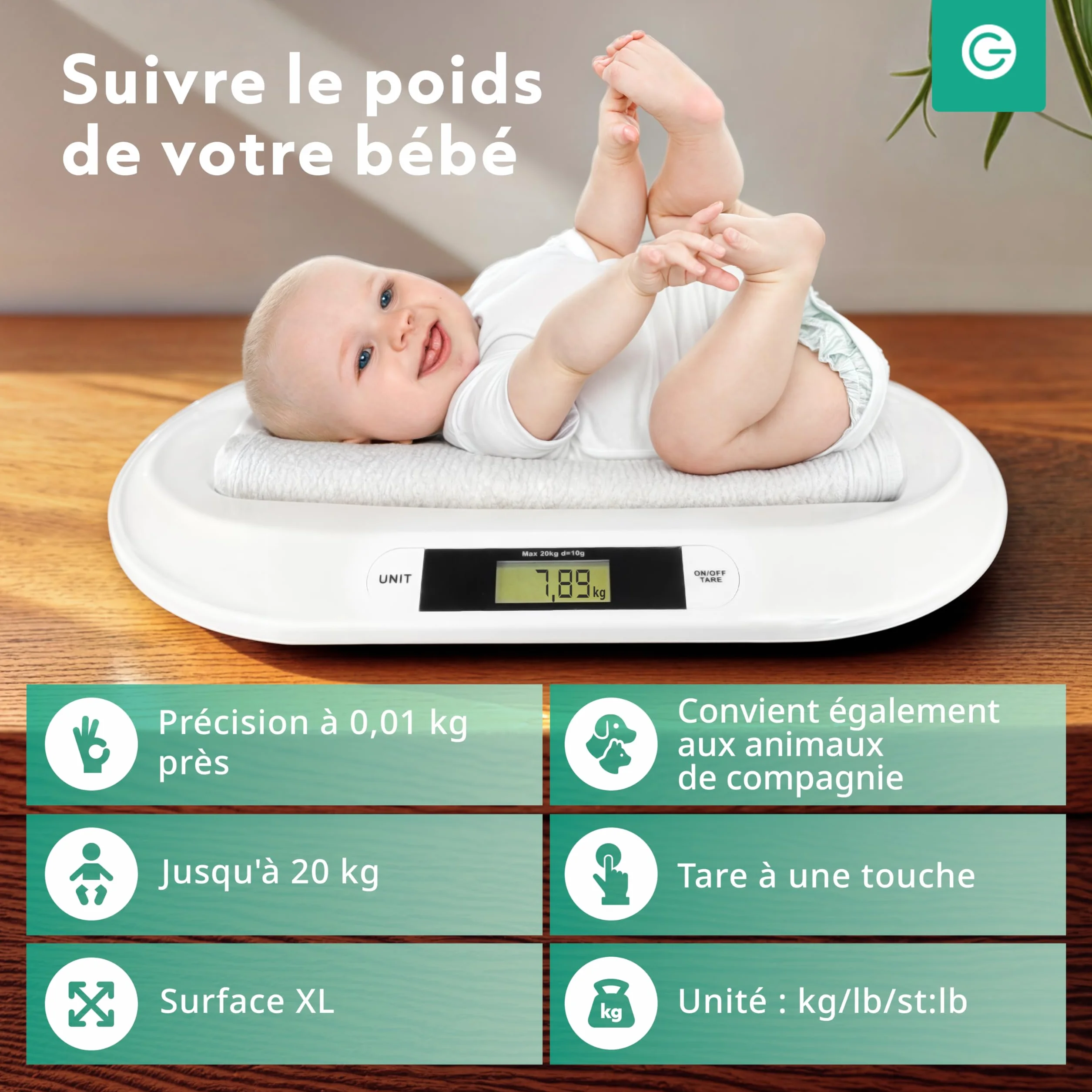 Silvergear Balance numérique pour bébé 20 kg - Balance nouveau-né avec affichage LED - 54,5 x 31,5 x 3,5 cm