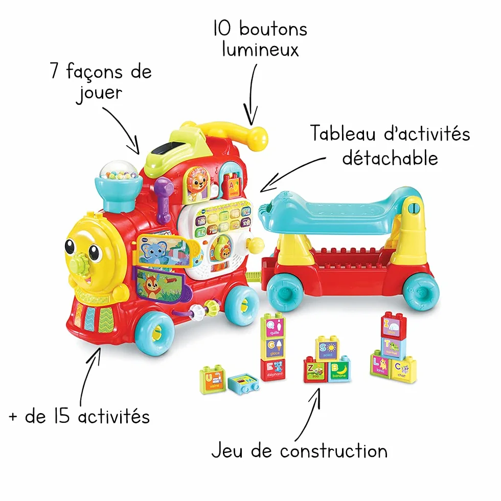 VTech Maxiloco Mon Trotti Train 7 en 1 Trotteur Pousseur Bébé Porteur Évolutif Tableau d'Éveil Interactif Détachable Blocs de Construction Alphabet Cadeau Bébé Dès 1 an