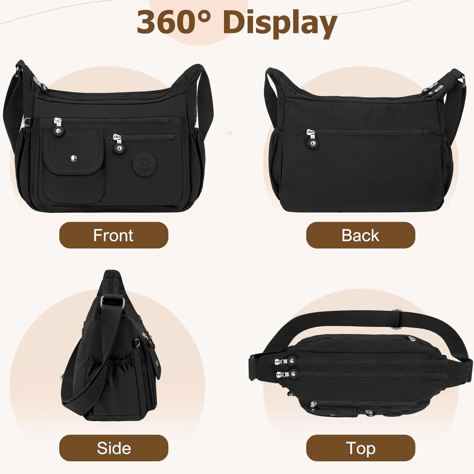 Sac Bandoulière Femme Nylon Impermeable Sacoche Multipoches Messenger avec Bandoulière Réglable