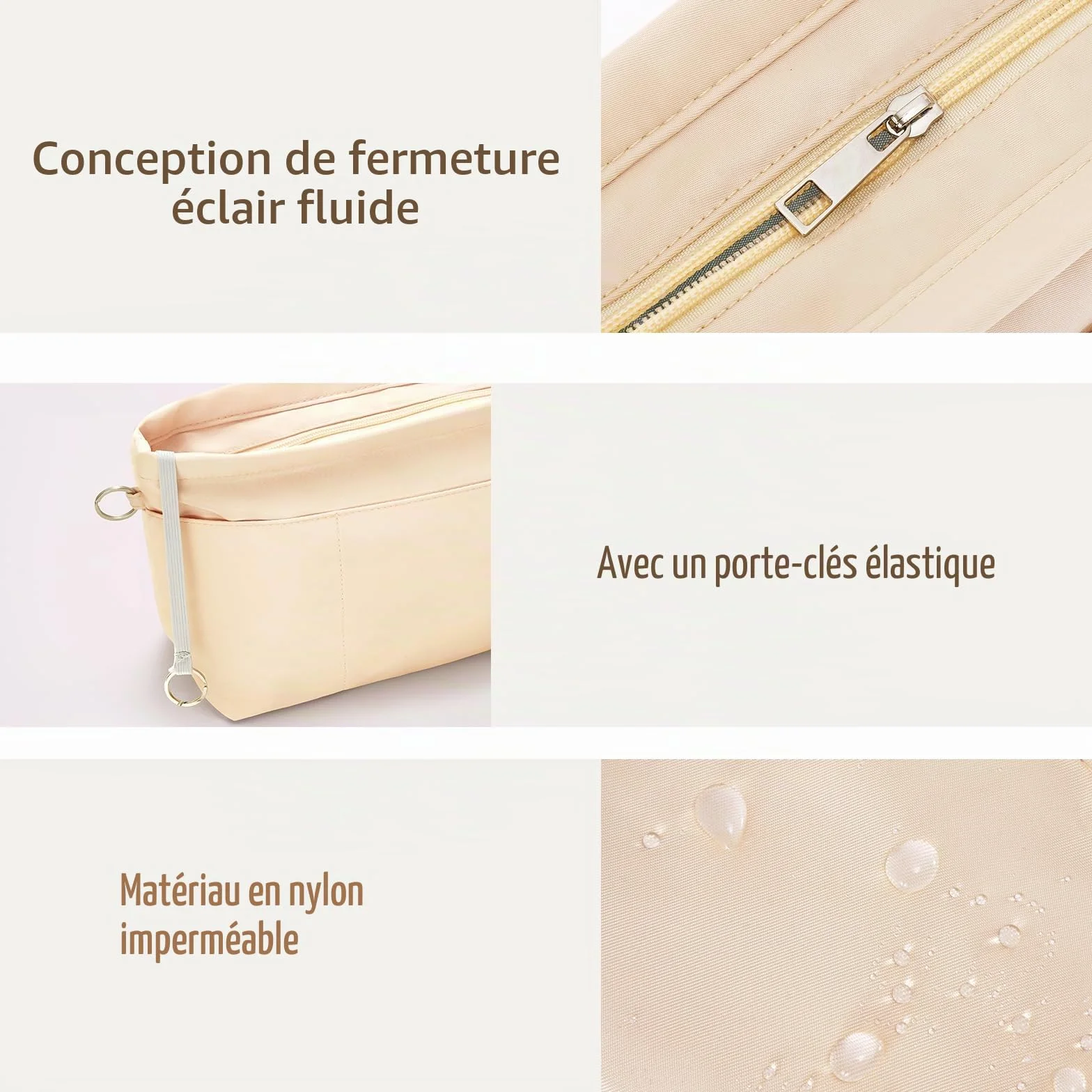 Organisateur de Sac à Main en Nylon pour Femmes, Bag In Bag Pochette de Rangement avec Fermeture éclaire, Beige