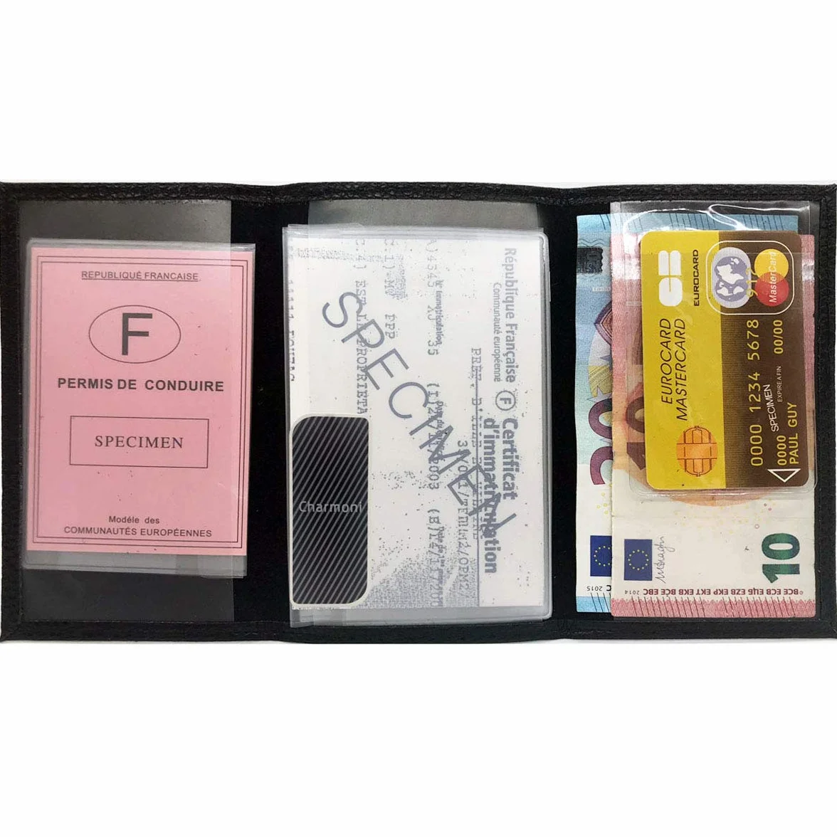 Etui Porte Papiers Voiture Permis de Conduire Carte Grise en Cuir Vachette Grainé Noir