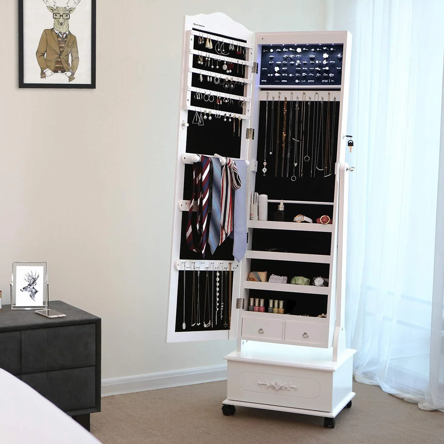 SONGMICS Armoire à Bijoux avec Miroir sur Pieds, Lumières LED 3 Couleurs, Intensité Réglable, Blanc JJC012W01