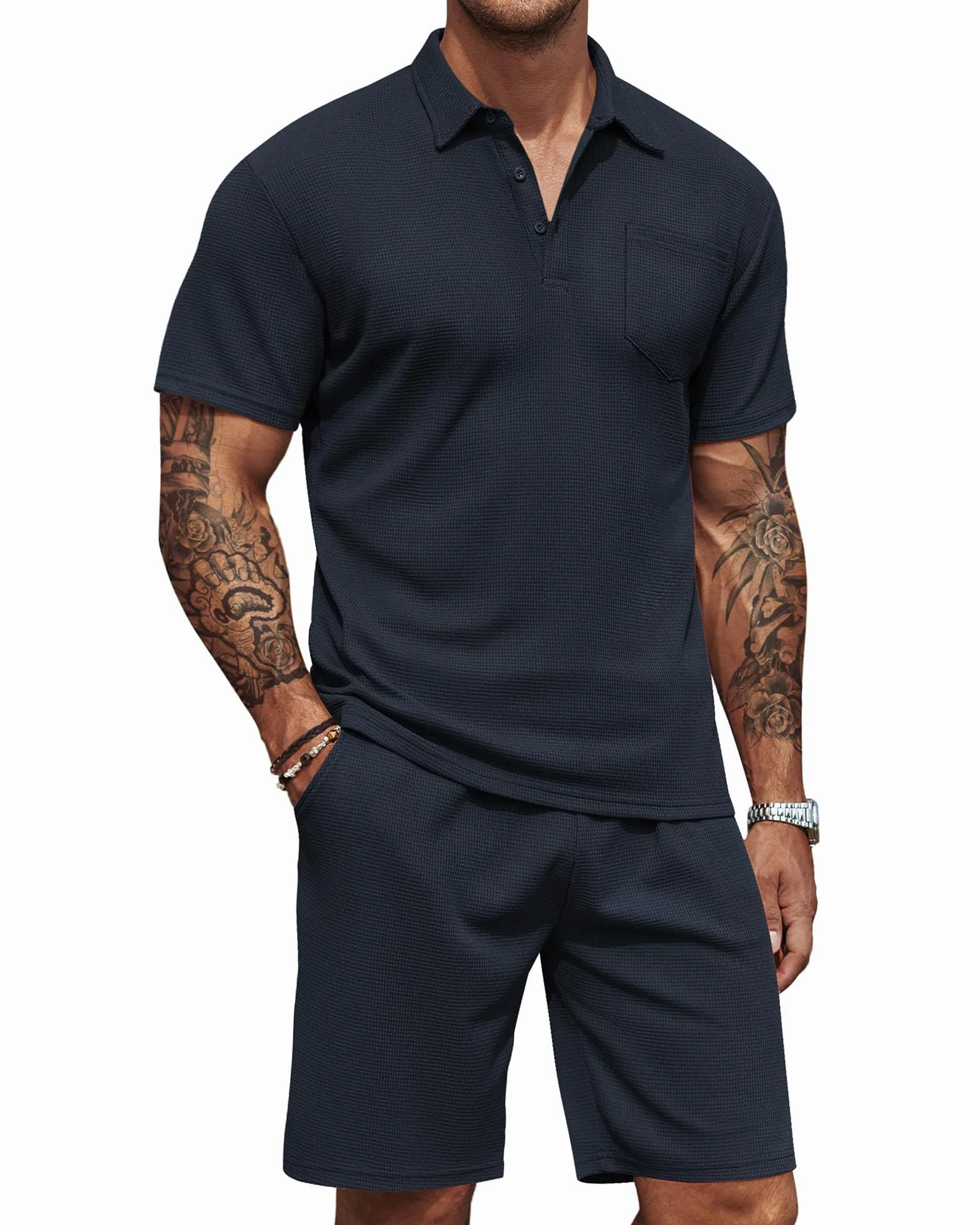 Ensemble Homme 2 Pièce Tracksuit Casual Polo Short Tee Survêtement Travail Plage