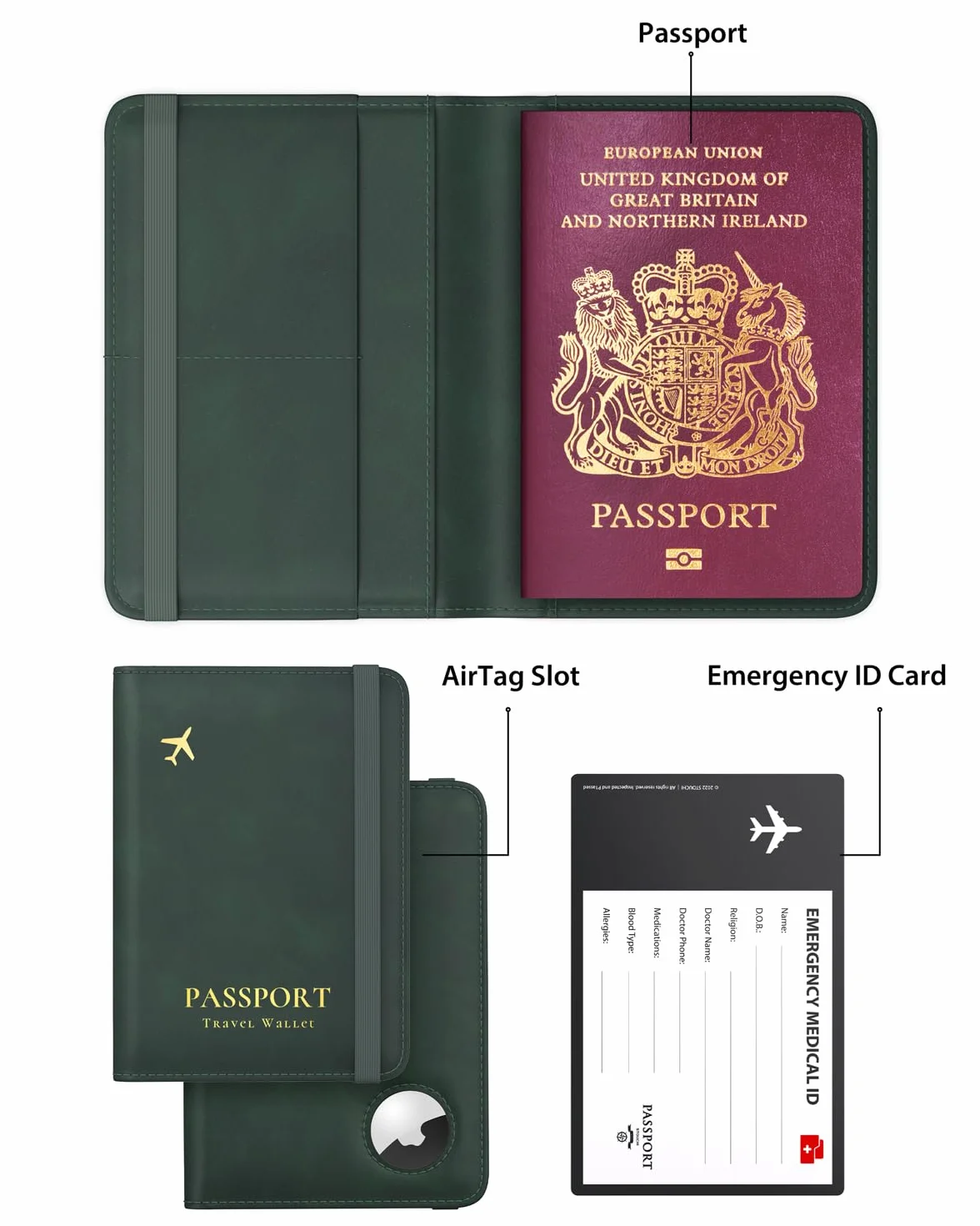 Portefeuille Passeport Similicuir Vert Foncé avec Airtag pour Femmes Hommes