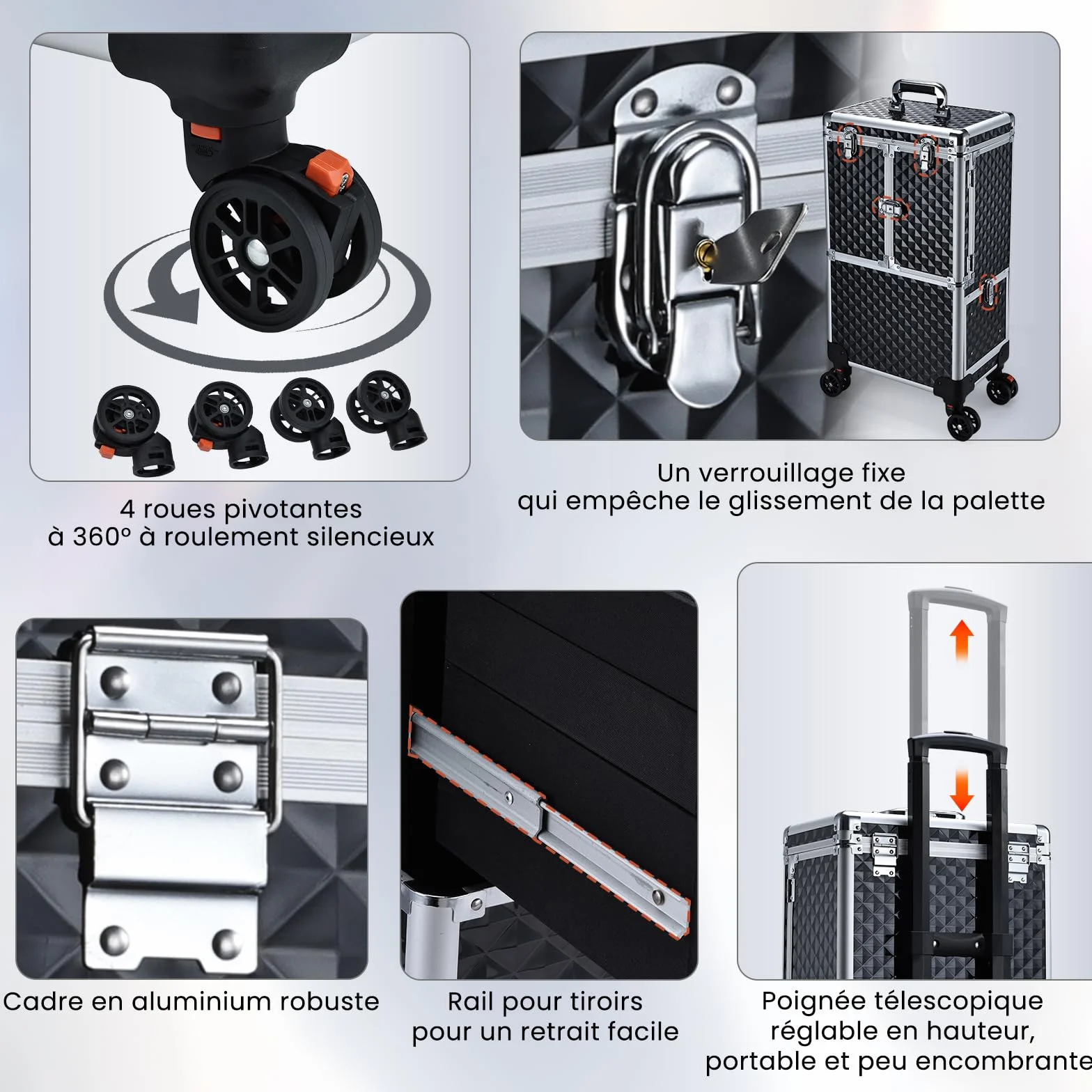 Valise de Maquillage Professionnelle à Roues avec Miroir et Tiroir Coulissant, Noir