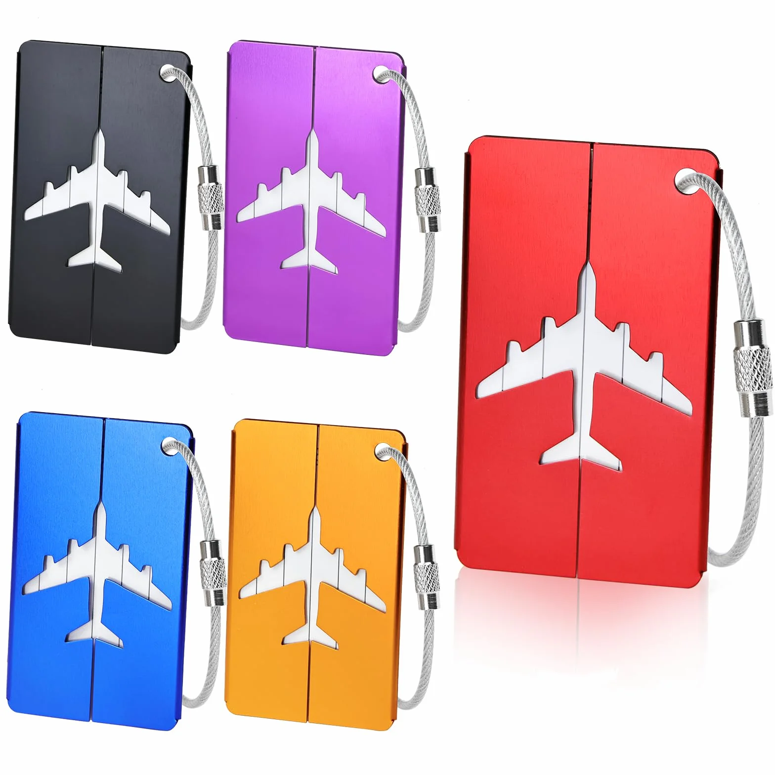 Etiquette Valise Aluminium Cordon Inox Carte PVC étanche 7,5x4,5cm 5 Couleurs Bleu Noir Rouge