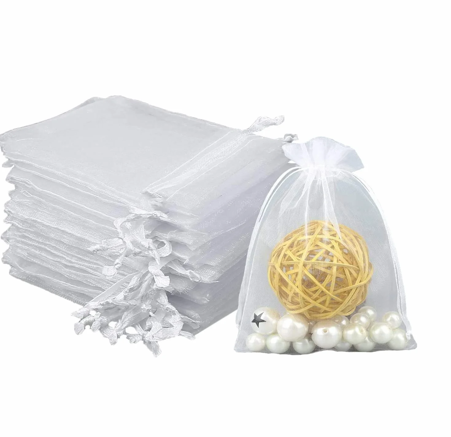Sachets en organza blanc 9 x 12 cm Lot de 100 avec cordon en satin