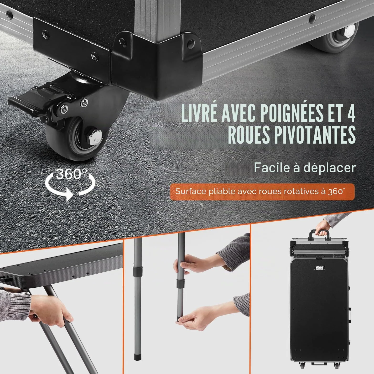 VEVOR Mallette de Maquillage en Aluminium Professionnelle avec Roues Pivotantes 360°, Noir