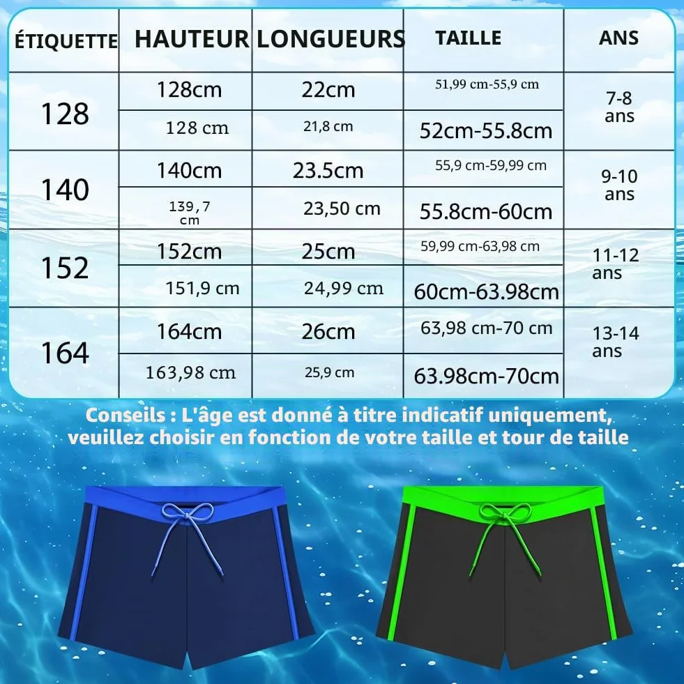 Boxer Shorts de Bain Vintage Garçon 128-164 cm, Noir & Marine, Séchage Rapide