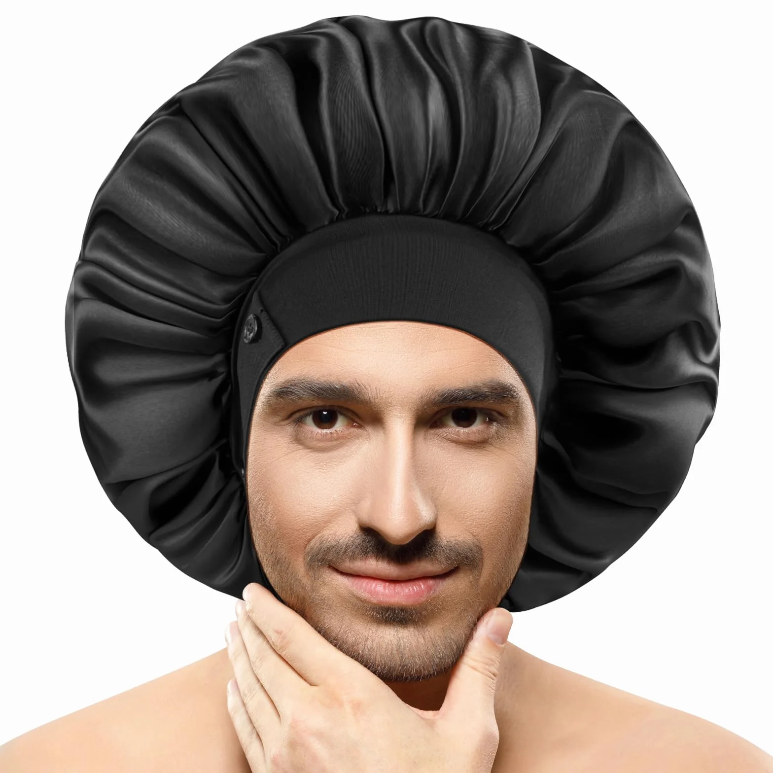 Bonnets en Soie pour Homme, Bonnet de Sommeil Double Couche avec Ourlet Réglable, Idéal pour Tresses Bouclées, Reste en Place (Noir)