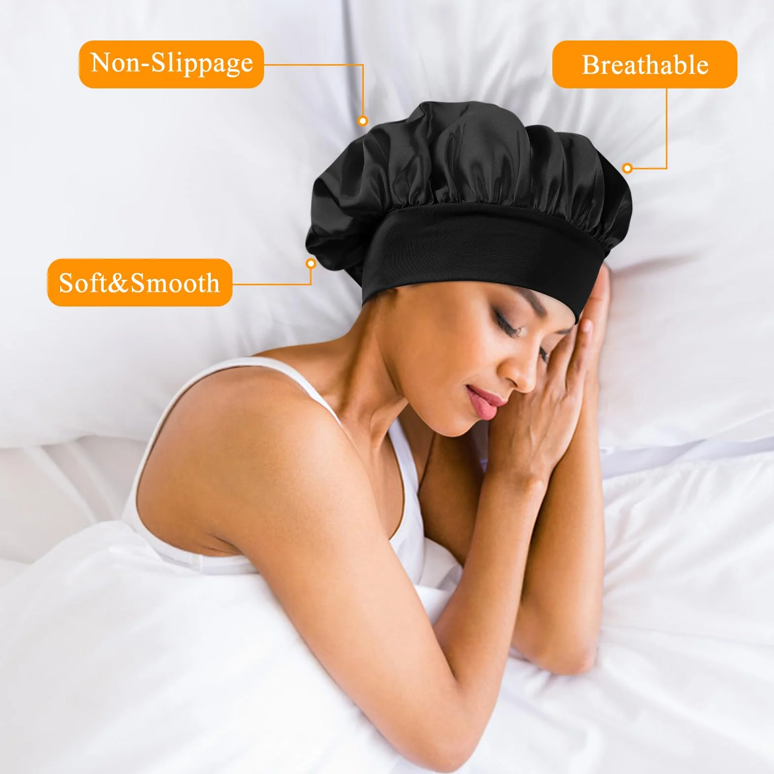 Bonnet Satin Cheveux Nuit Ajustable Élastique Femme Soin Cheveux Bouclés Noir