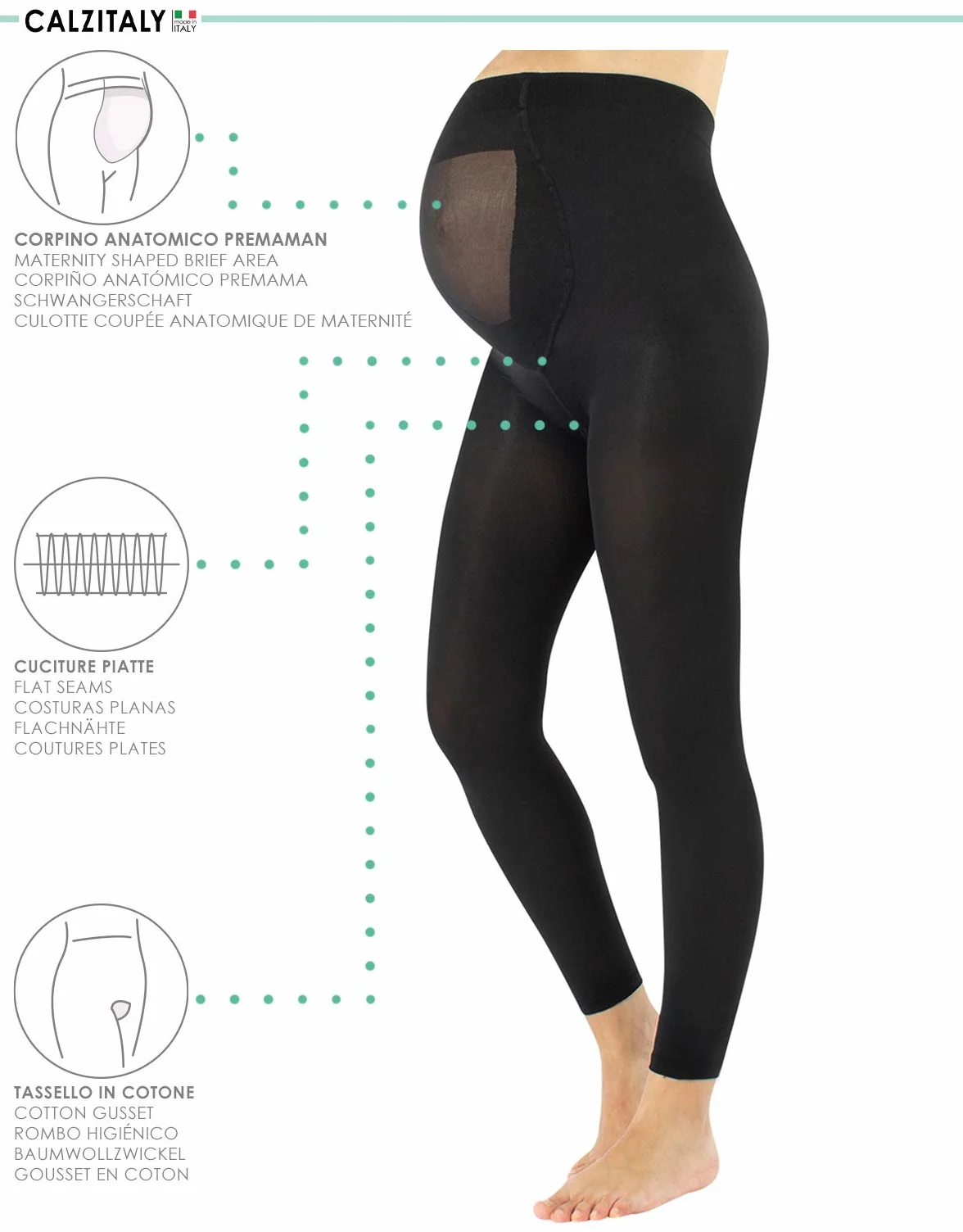 CALZITALY Collants sans Pied de Maternité Leggings Opaque Noir 100 DEN Fabriqué en Italie